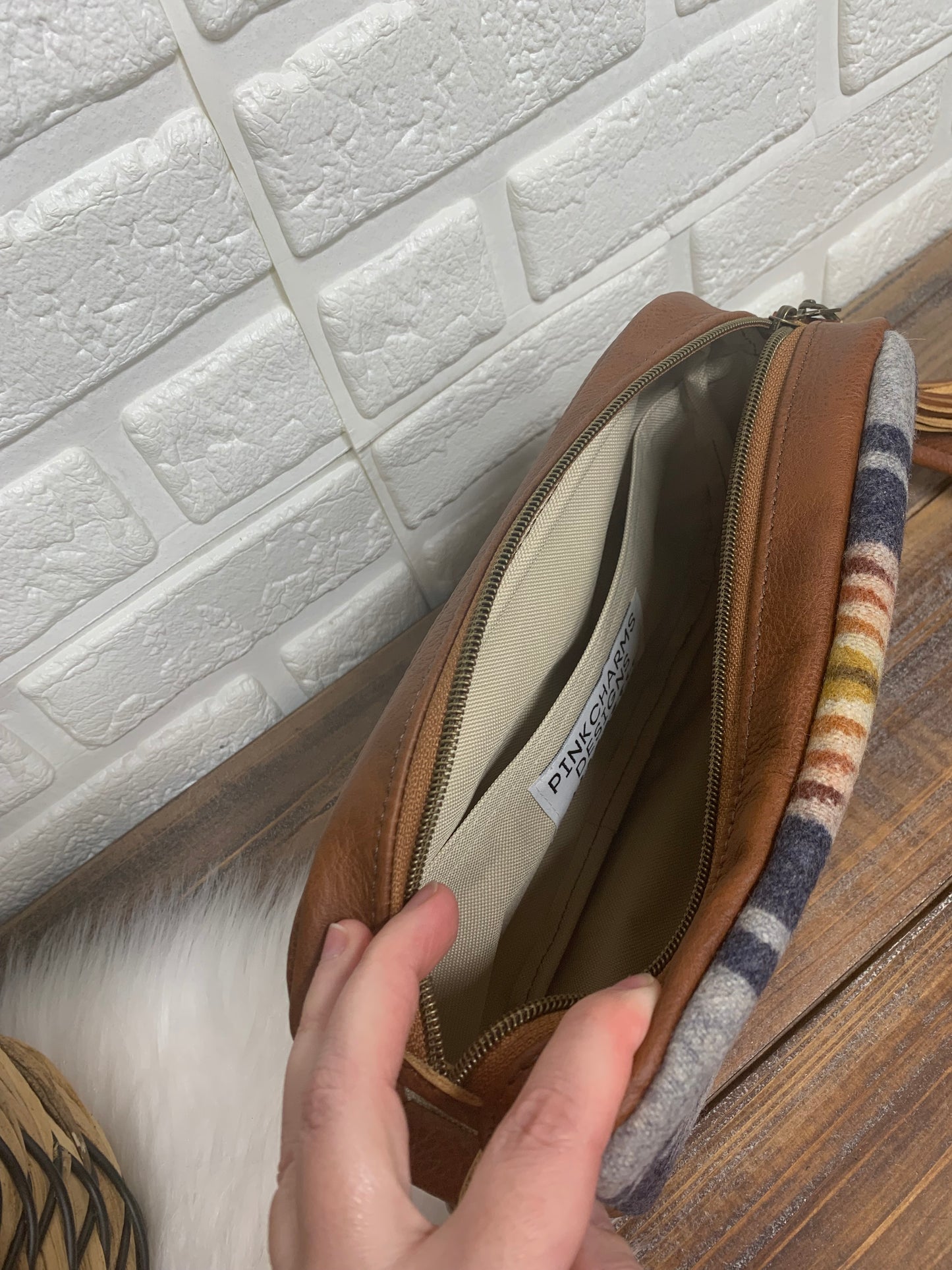 Emerald crossbody bag, Harding Navy wool, spice brown leather, Camera bag