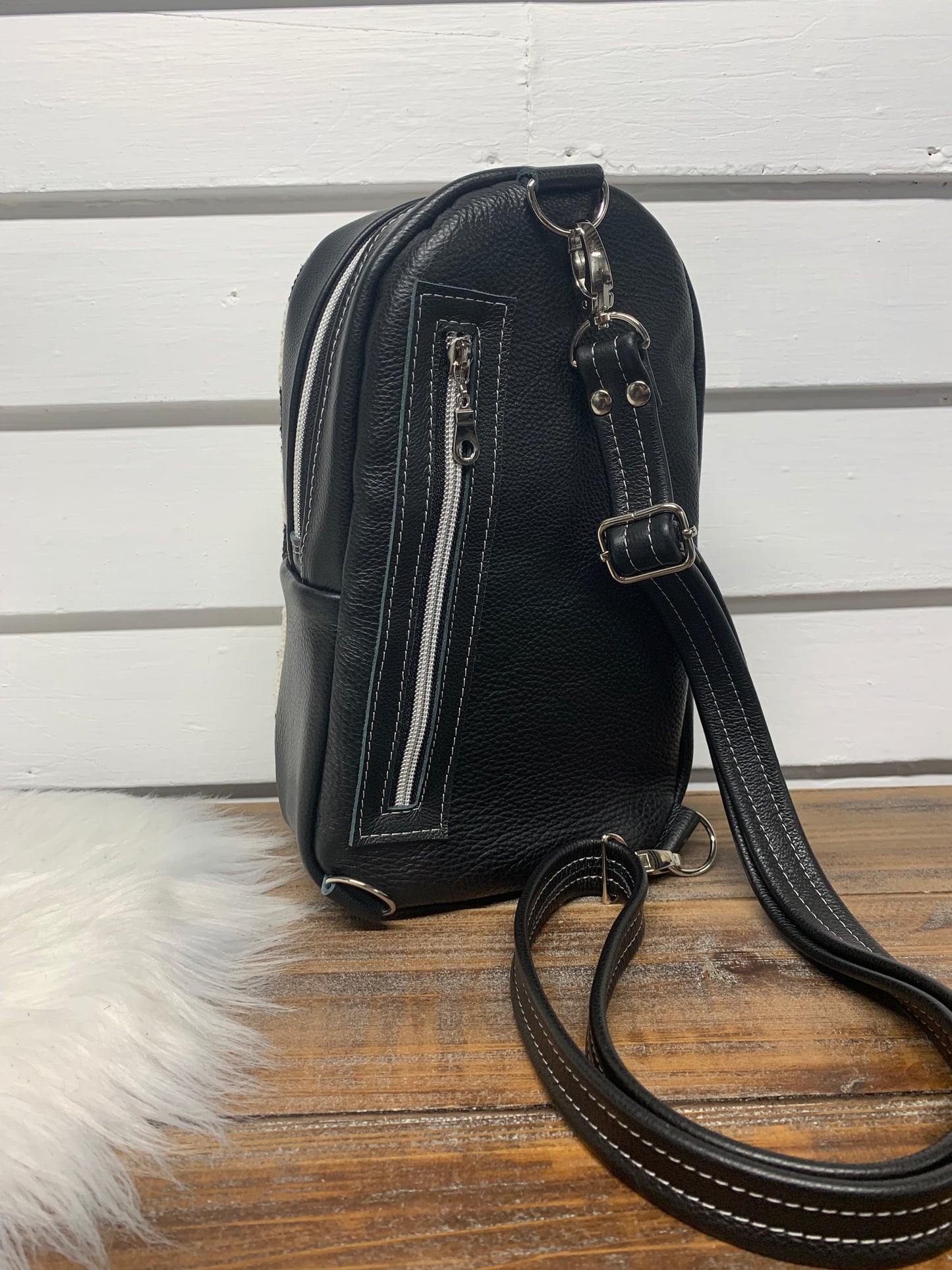 Citrine Sling backpack Checkered Mali Mudcloth and Black leather