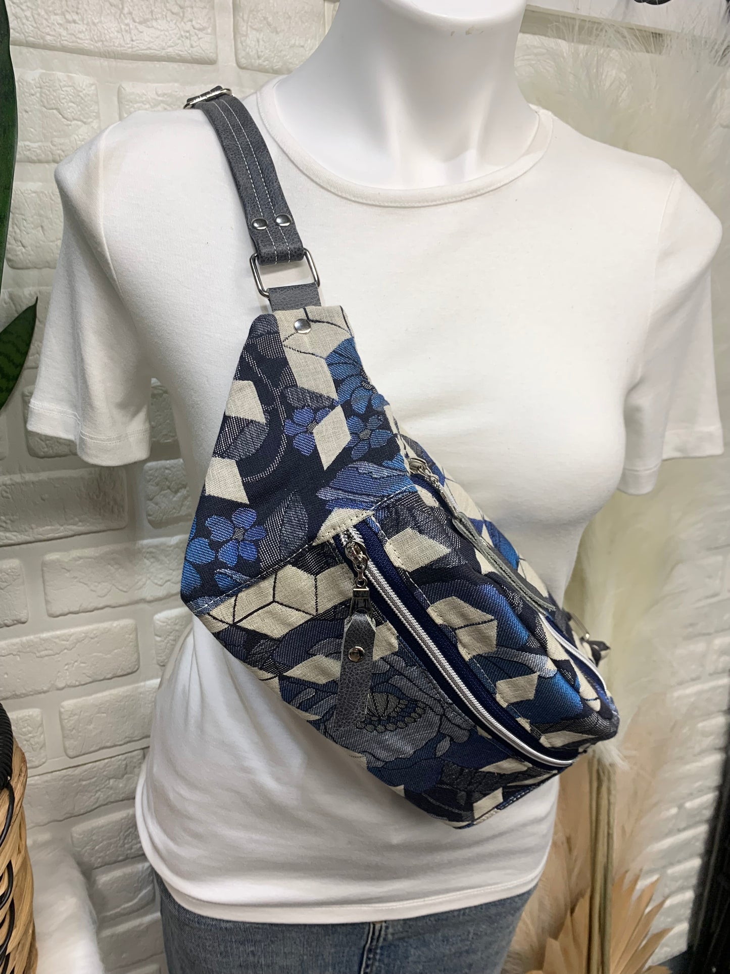 Jade Sling bag Woven Wings wrap scrap and grey leather crossbody