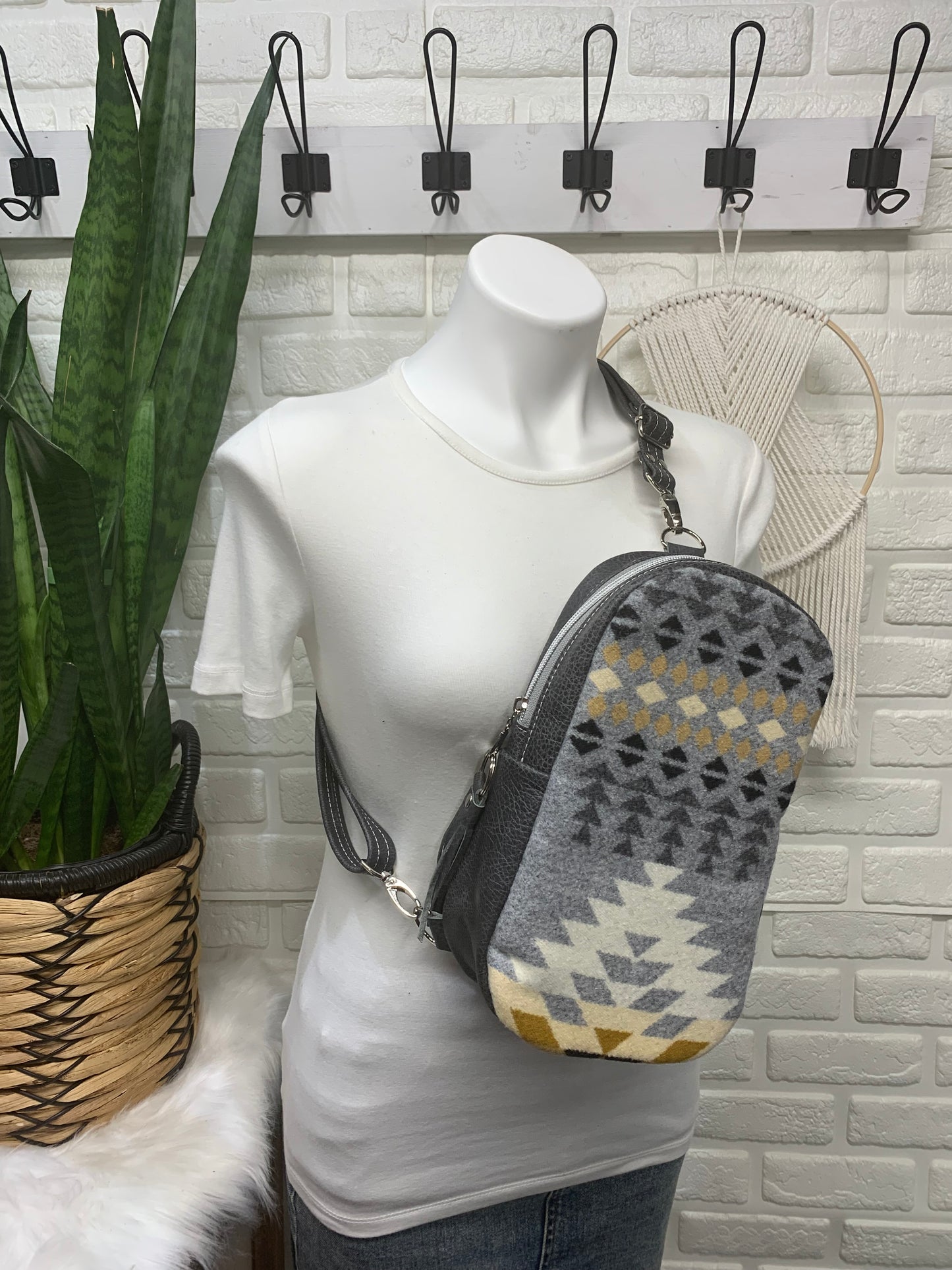 Citrine Sling backpack Rancho Arroyo wool and grey leather