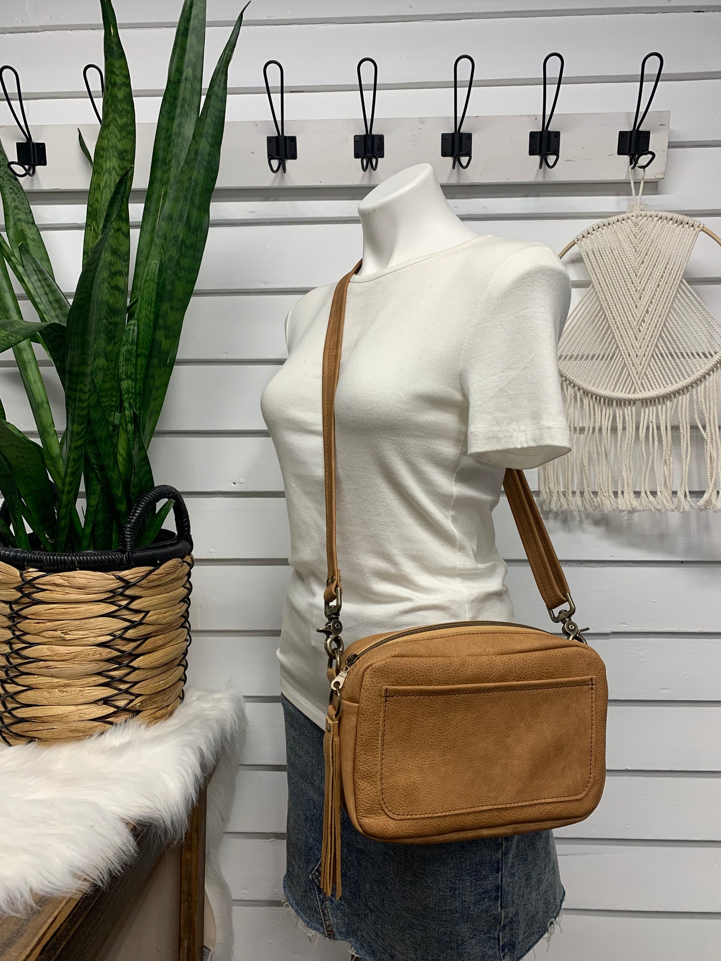 Emerald crossbody bag, Caramel brown pebble grain leather