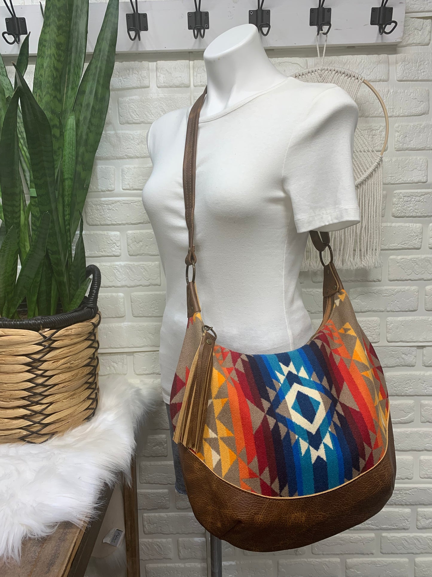 Wool and leather hobo bag, Pilot Rock wool fabric, brown genuine leather, hobo bag, wool crossbody bag