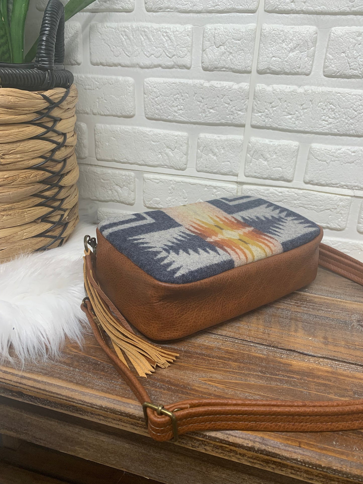 Emerald crossbody bag, Harding Navy wool, spice brown leather, Camera bag