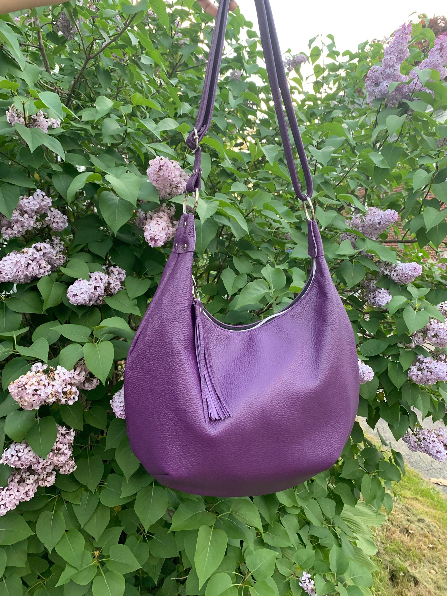 Onyx hobo bag, Purple Italian pebble grain leather crossbody