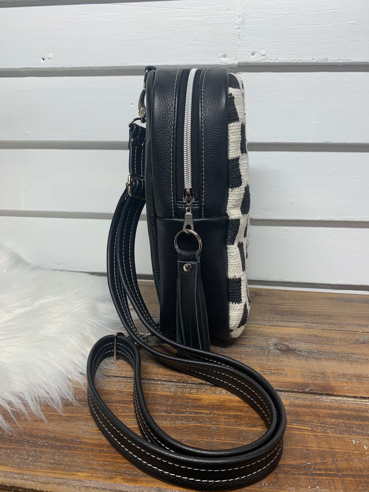 Citrine Sling backpack Checkered Mali Mudcloth and Black leather