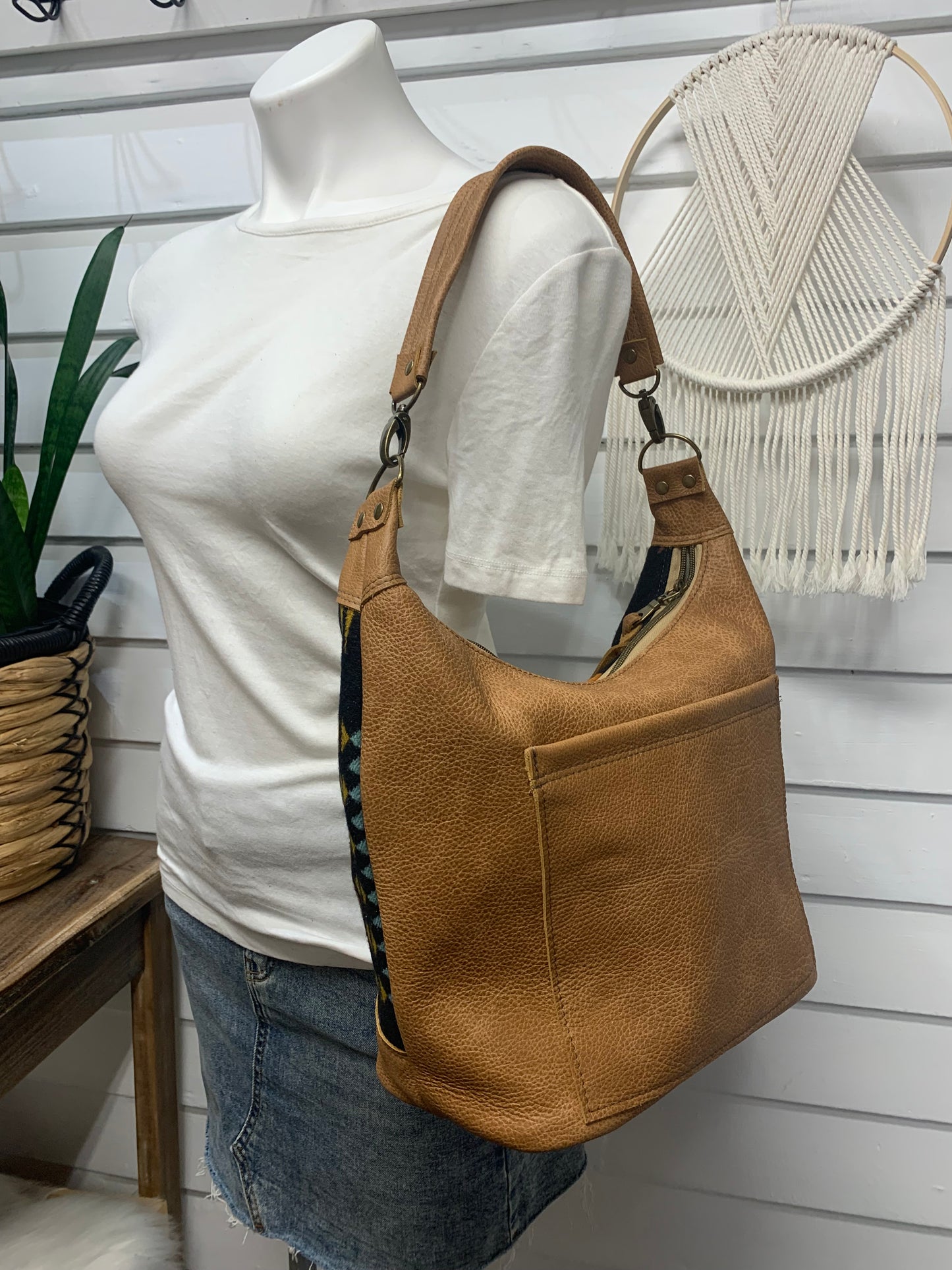 Jasper Bucket bag, Rancho Arroyo black wool, caramel leather