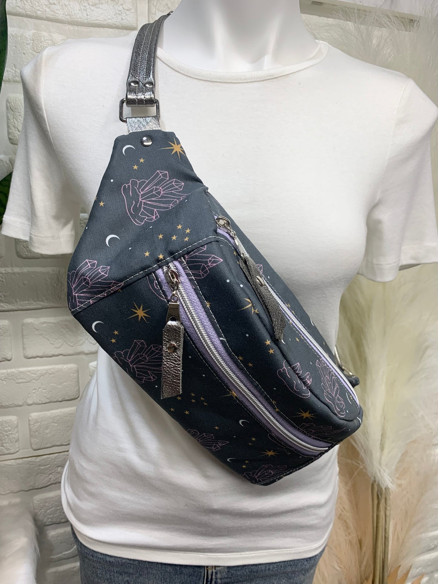 Jade Sling bag gemstone canvas and Metallic leather crossbody