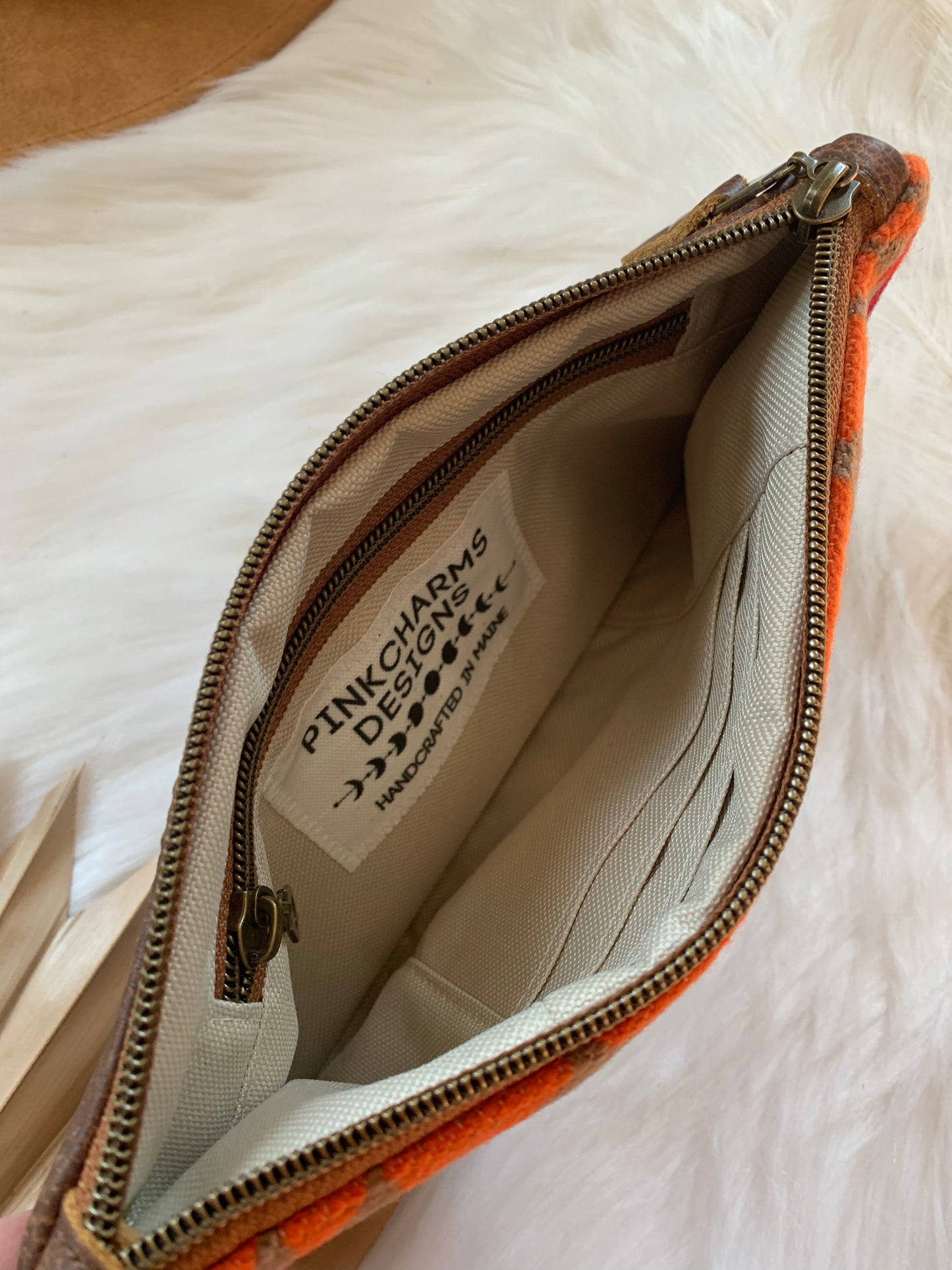Wool and leather clutch wristlet, Pilot rock wool, saddle leather clutch wallet