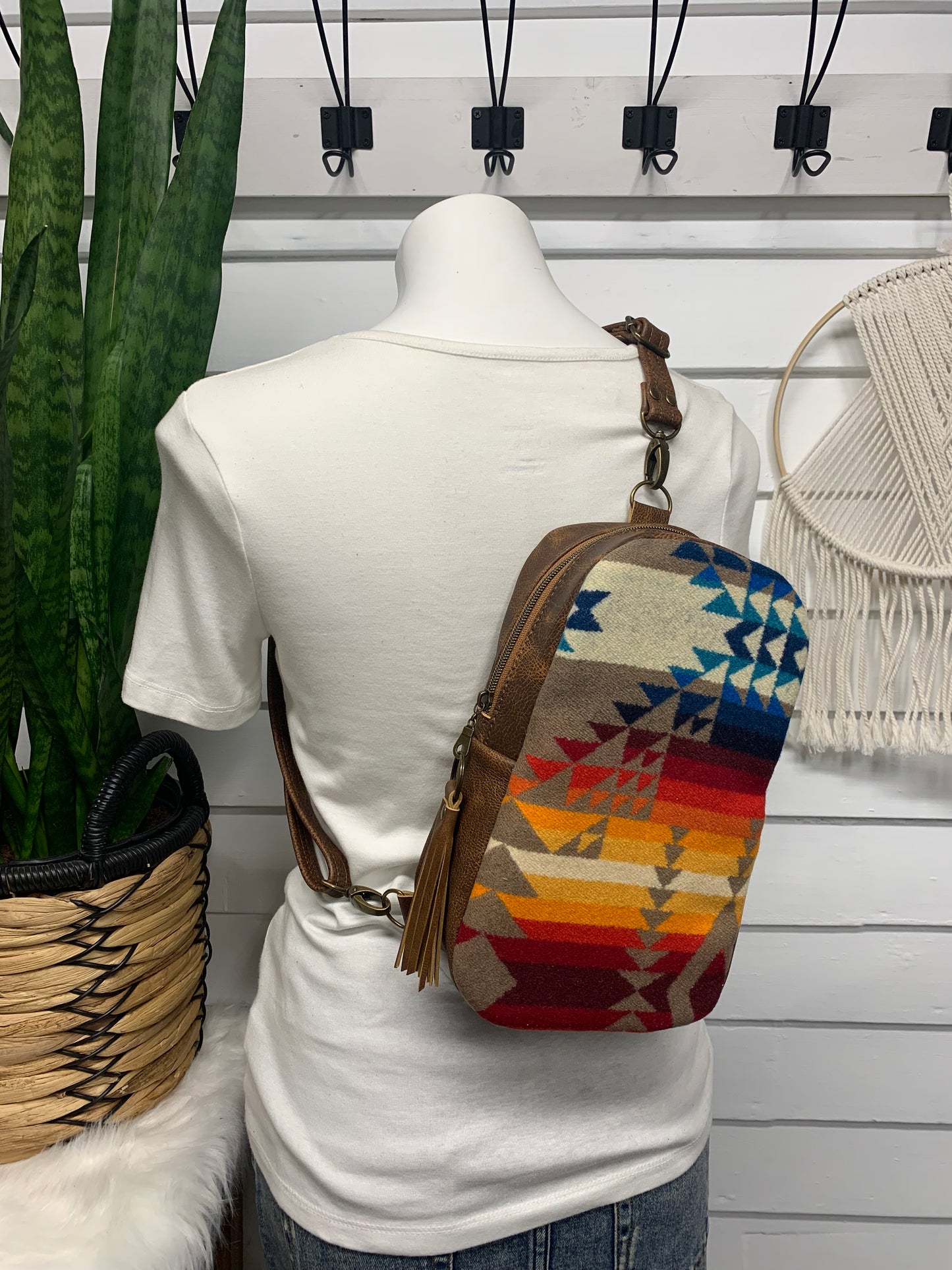 Citrine Sling backpack Pilot Rock wool and Saddle brown leather