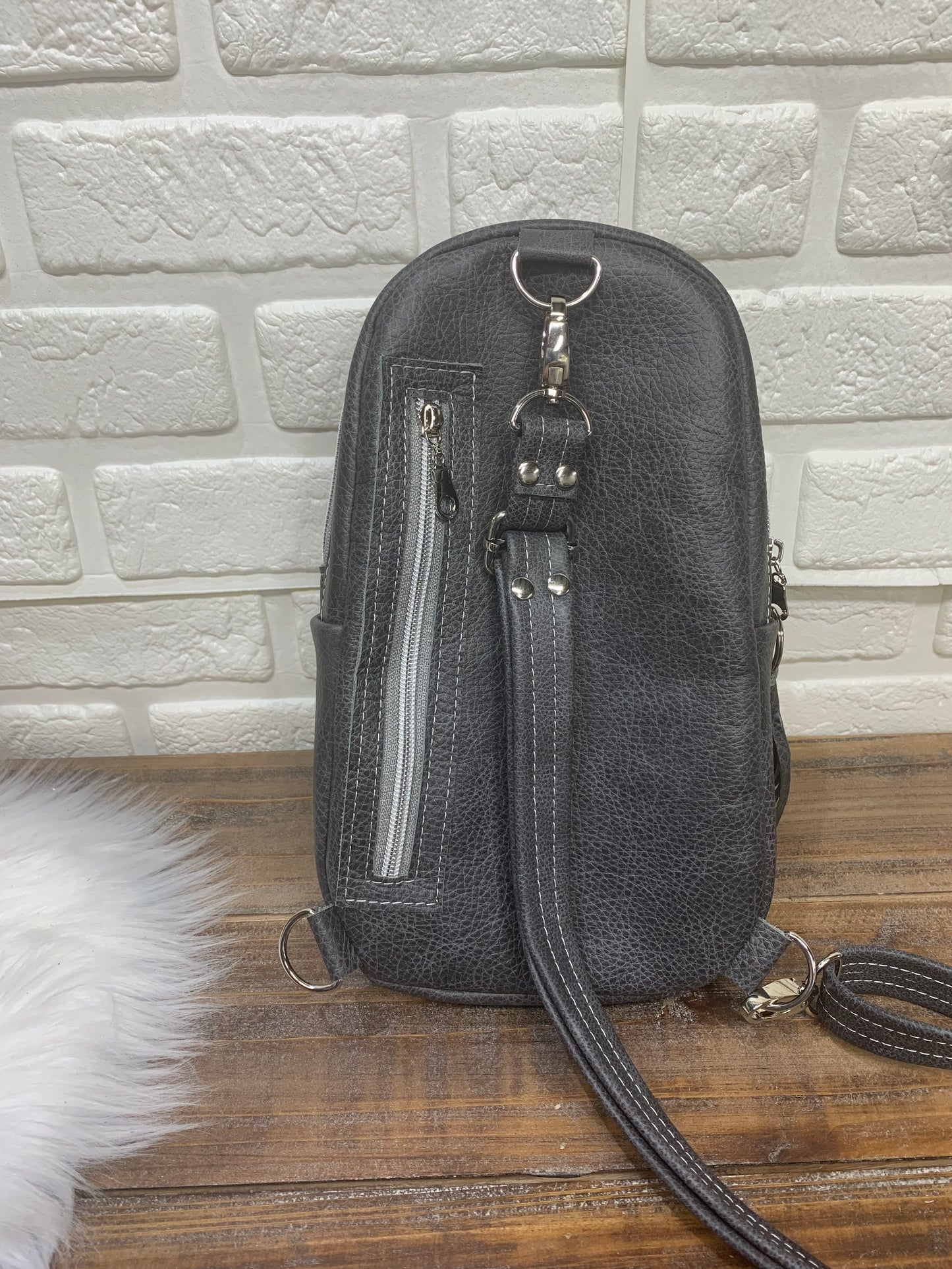 Citrine Sling backpack Rancho Arroyo wool and grey leather