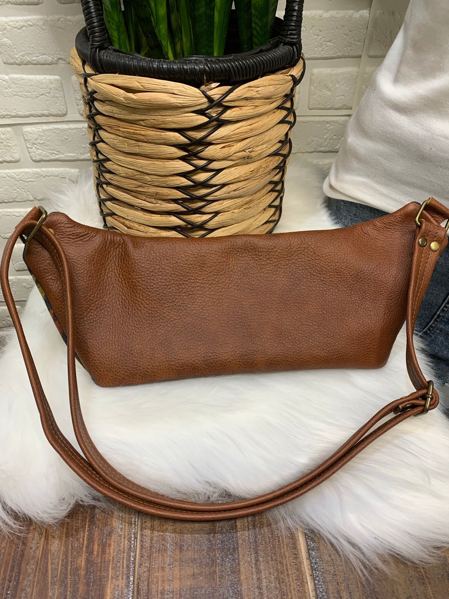 Jade Sling bag Navy Harding wool and spice leather crossbody