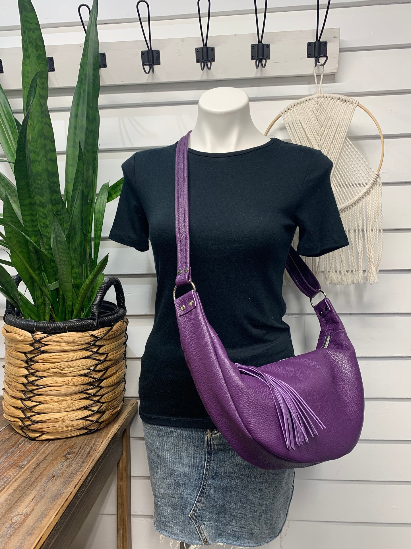 Half moon crossbody hobo bag Purple Italian leather