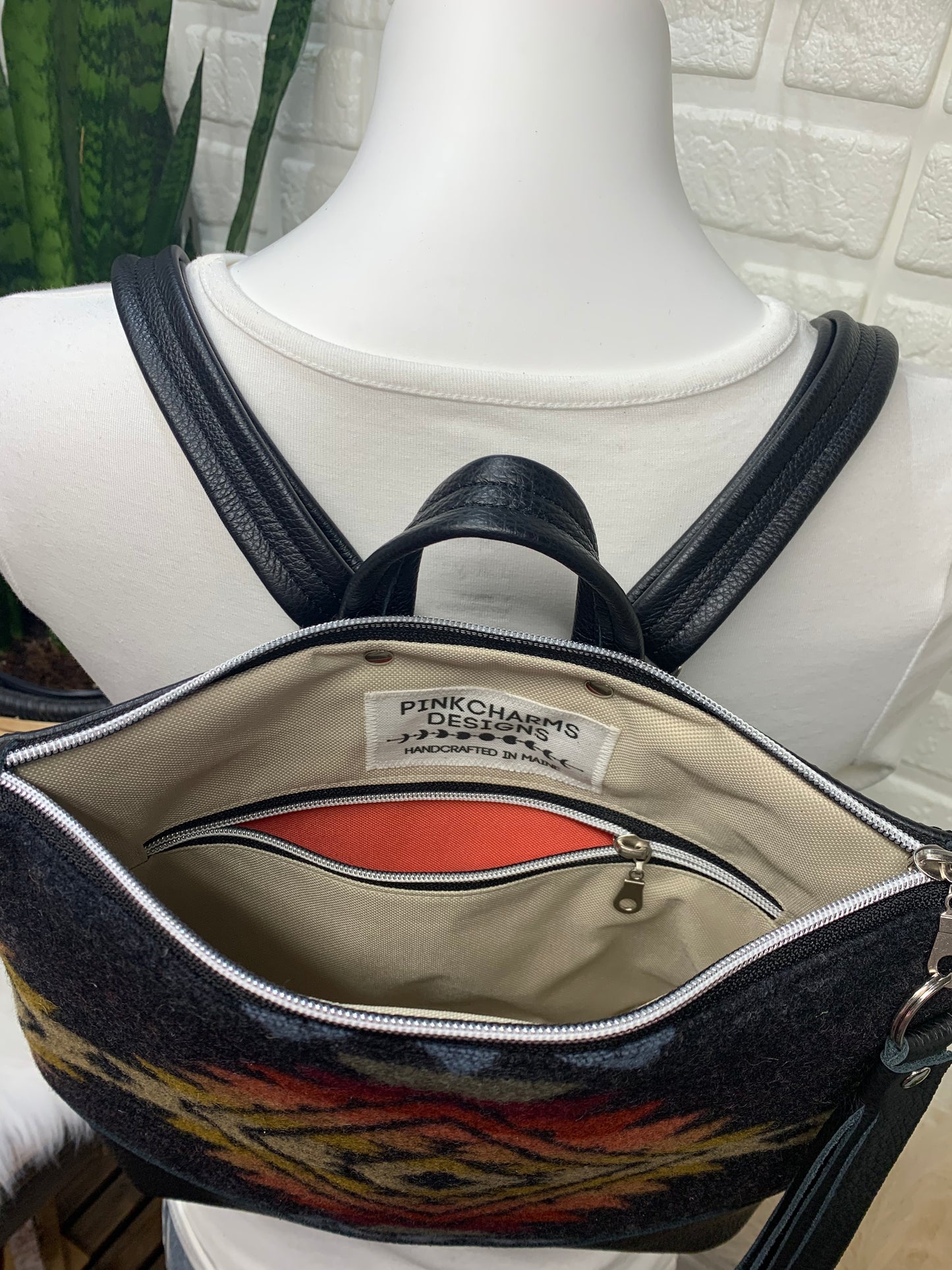Pearl Backpack wool and black genuine leather, Pueblo Dwelling wool