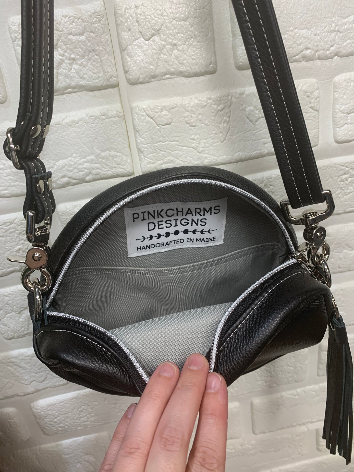 Moonstone crossbody bag, black leather, Circle bag