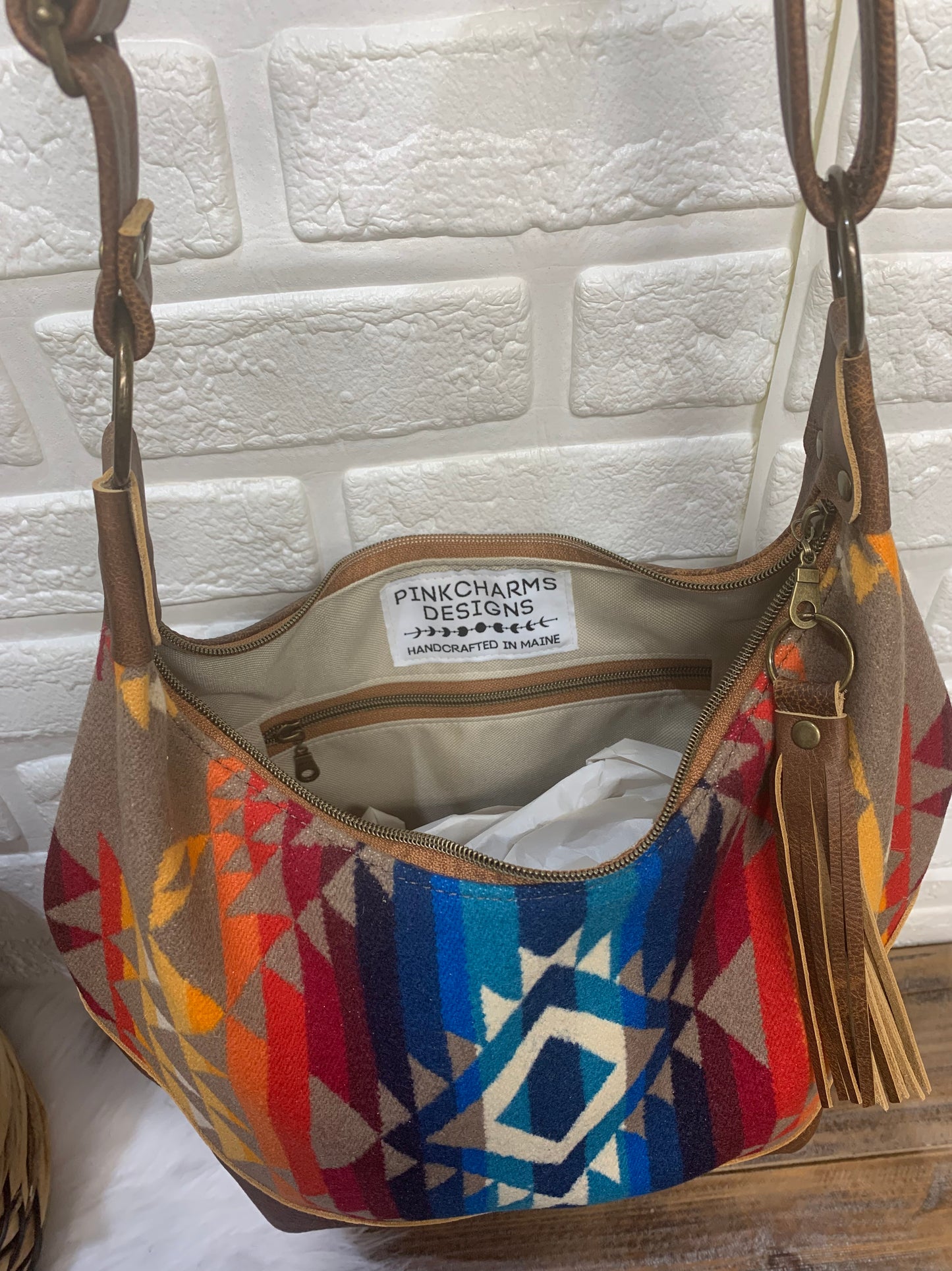 Wool and leather hobo bag, Pilot Rock wool fabric, brown genuine leather, hobo bag, wool crossbody bag