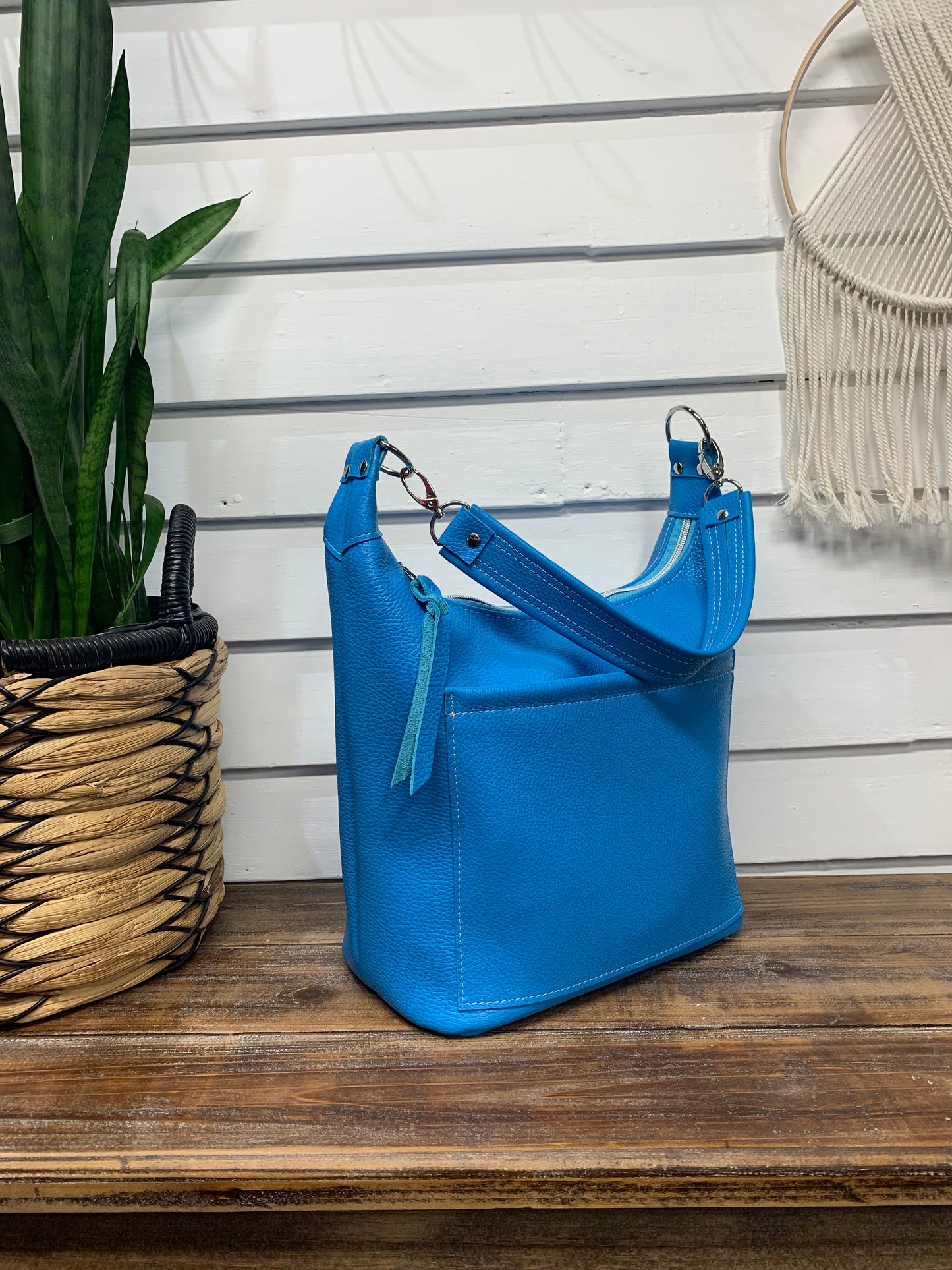Jasper Bucket bag, Bright Blue Italian pebble grain leather