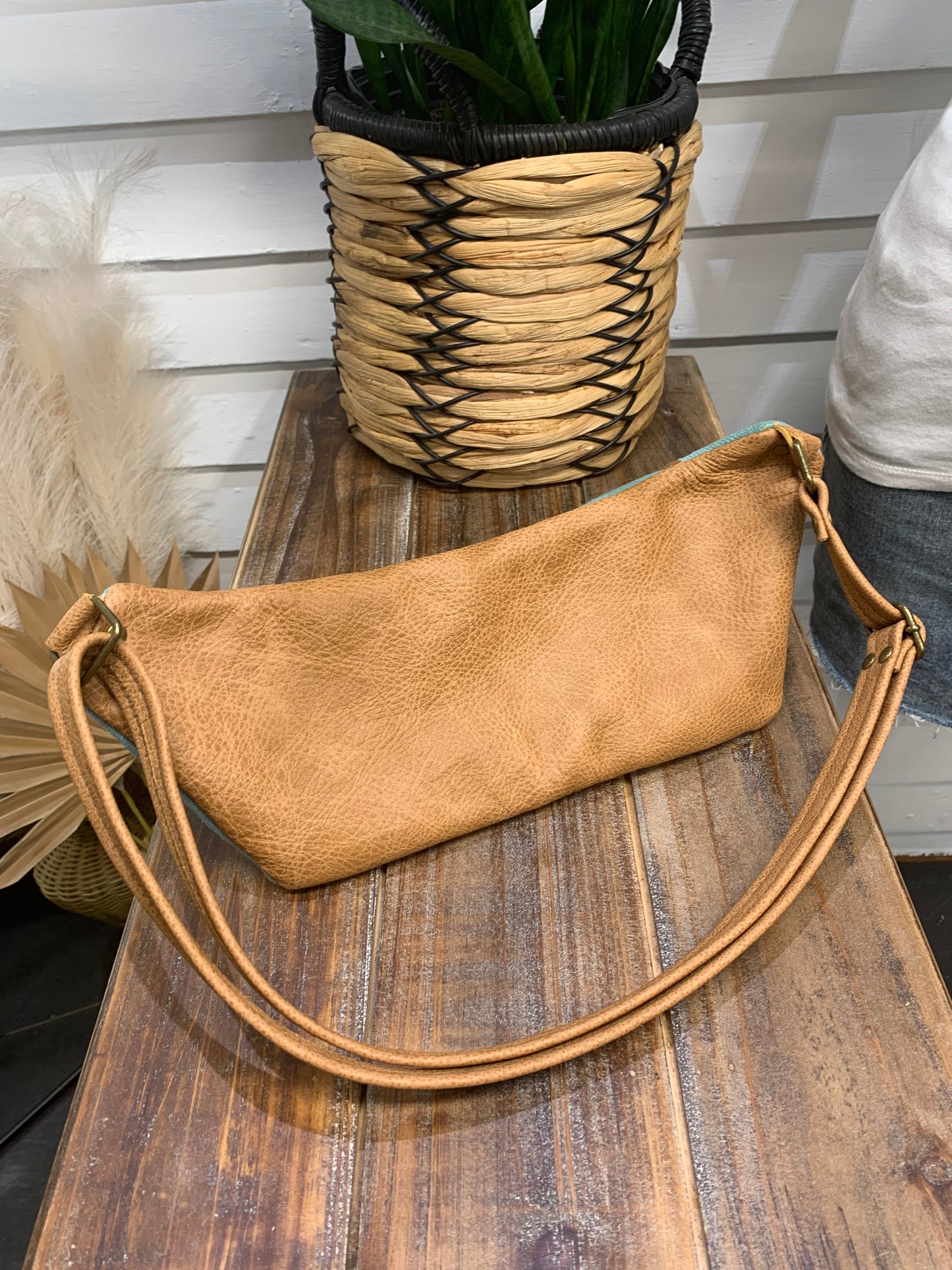 Jade Sling bag Aqua Rancho Arroyo wool and caramel leather crossbody