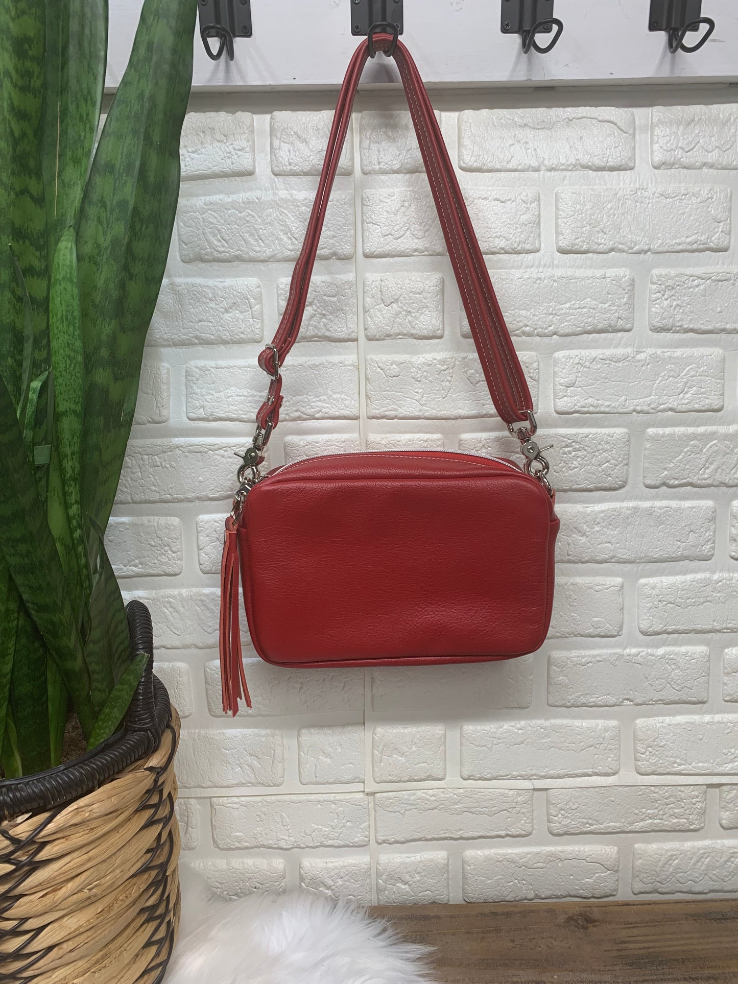 Emerald crossbody bag, Red Italian pebble grain leather