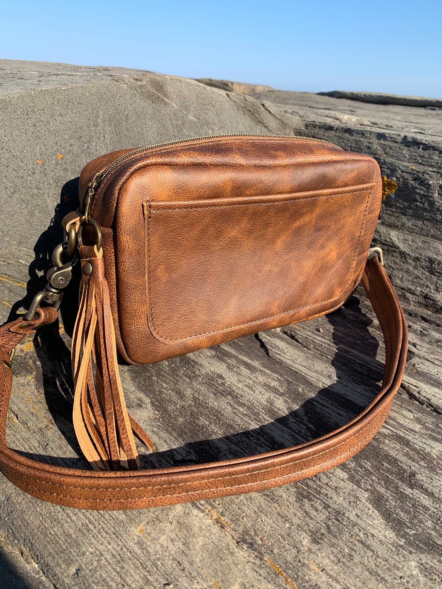 Emerald crossbody bag, Saddle brown pebble grain leather