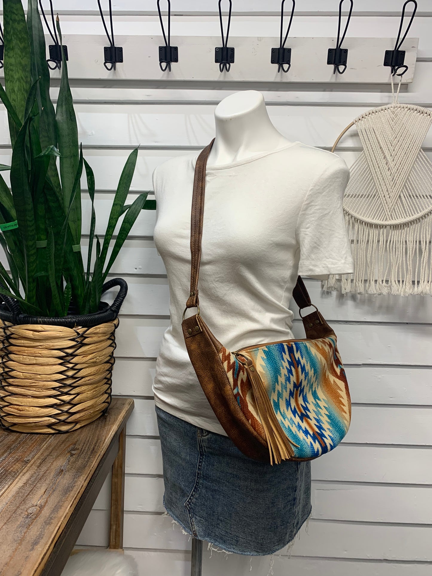 Half moon crossbody hobo bag Pagosa springs wool, saddle brown leather