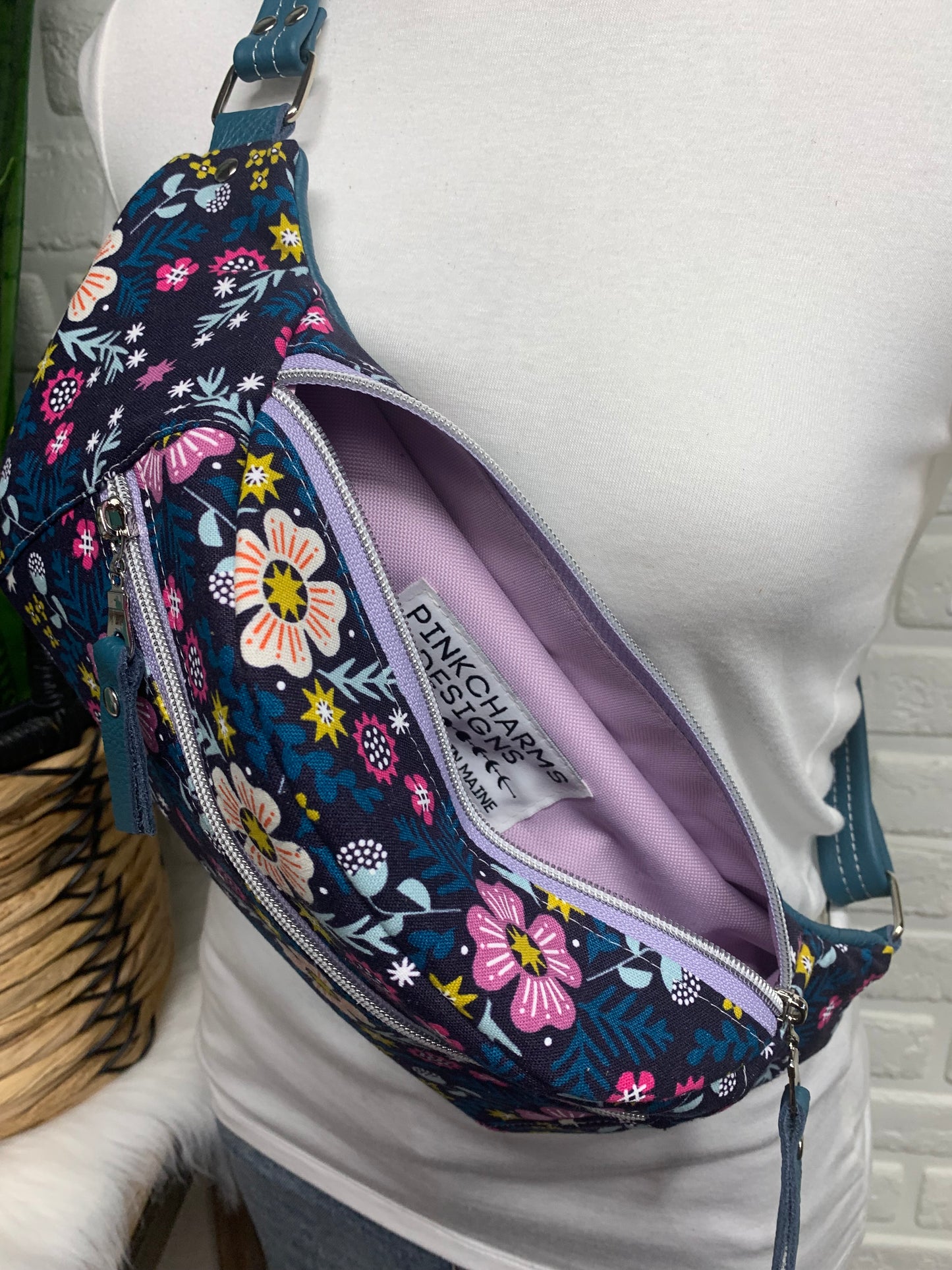 Jade Sling bag Wildflower Navy and Teal leather crossbody