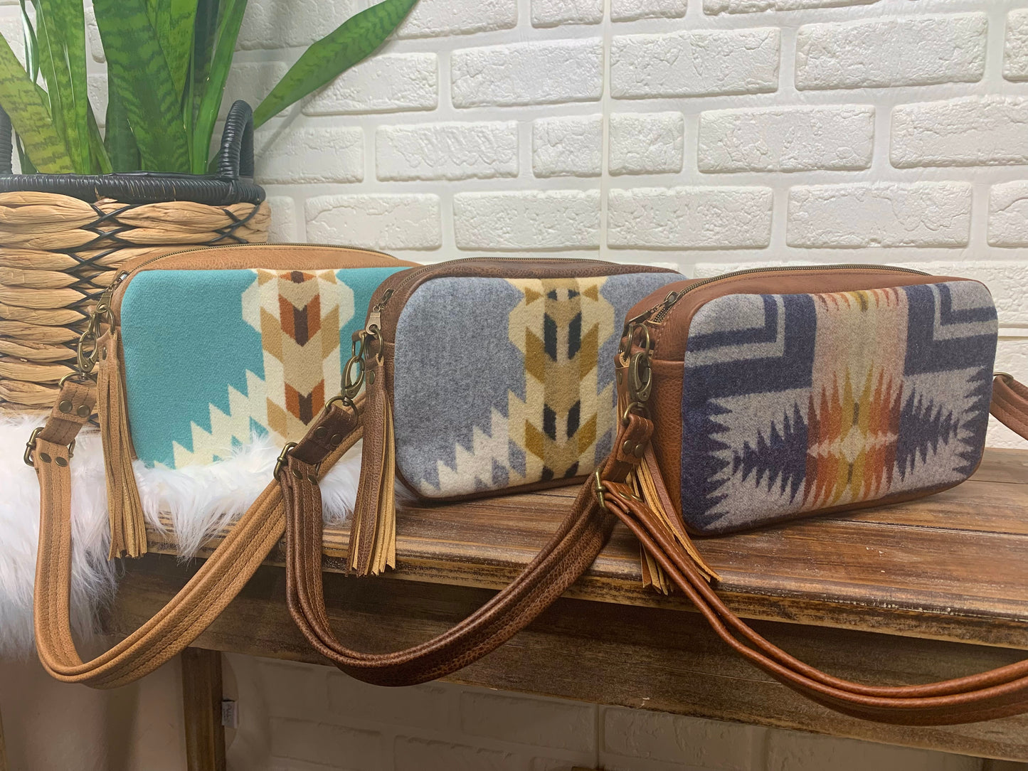 Emerald crossbody bag, Harding Navy wool, spice brown leather, Camera bag
