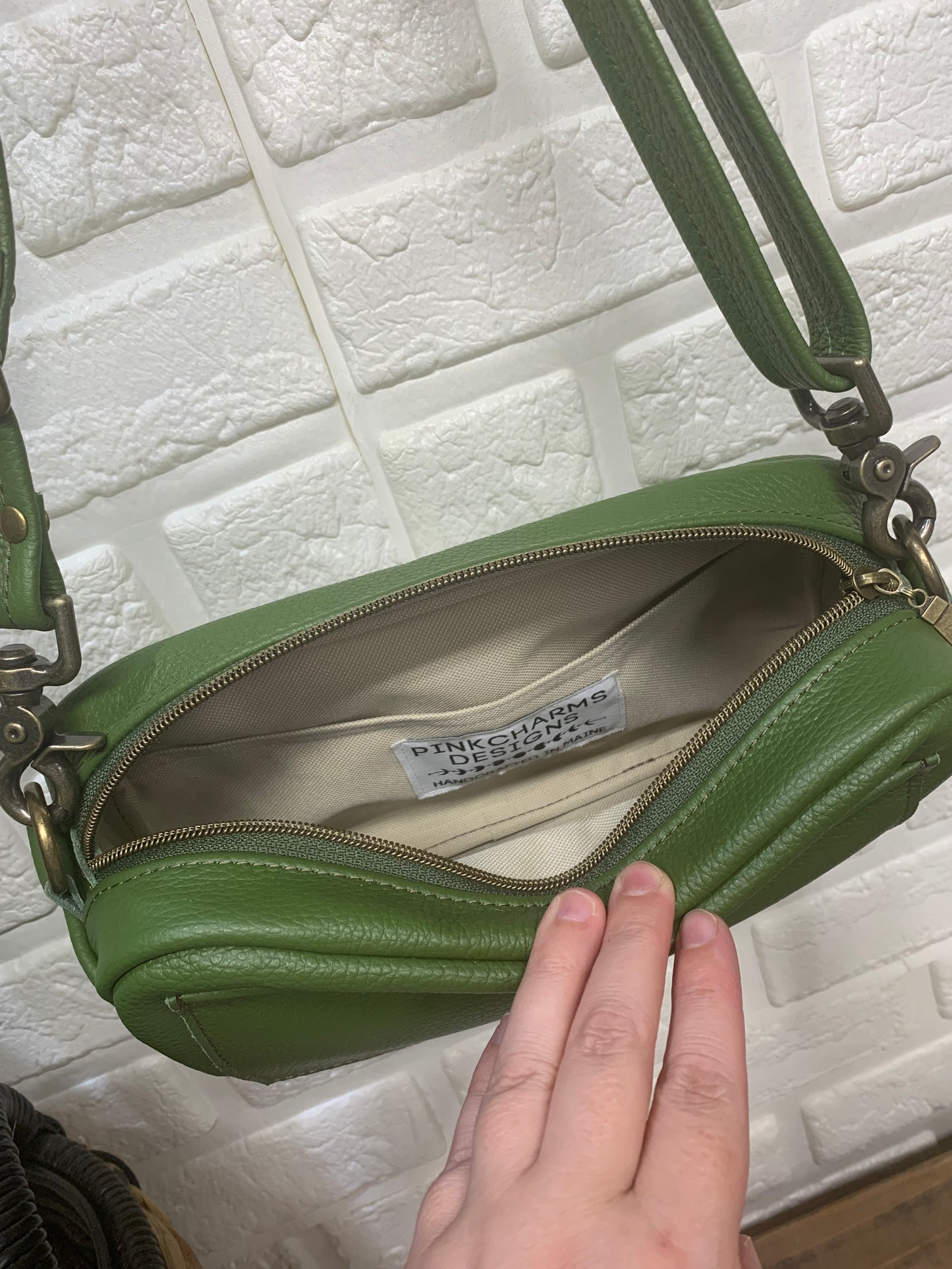 Emerald crossbody bag, Olive green Italian pebble grain leather