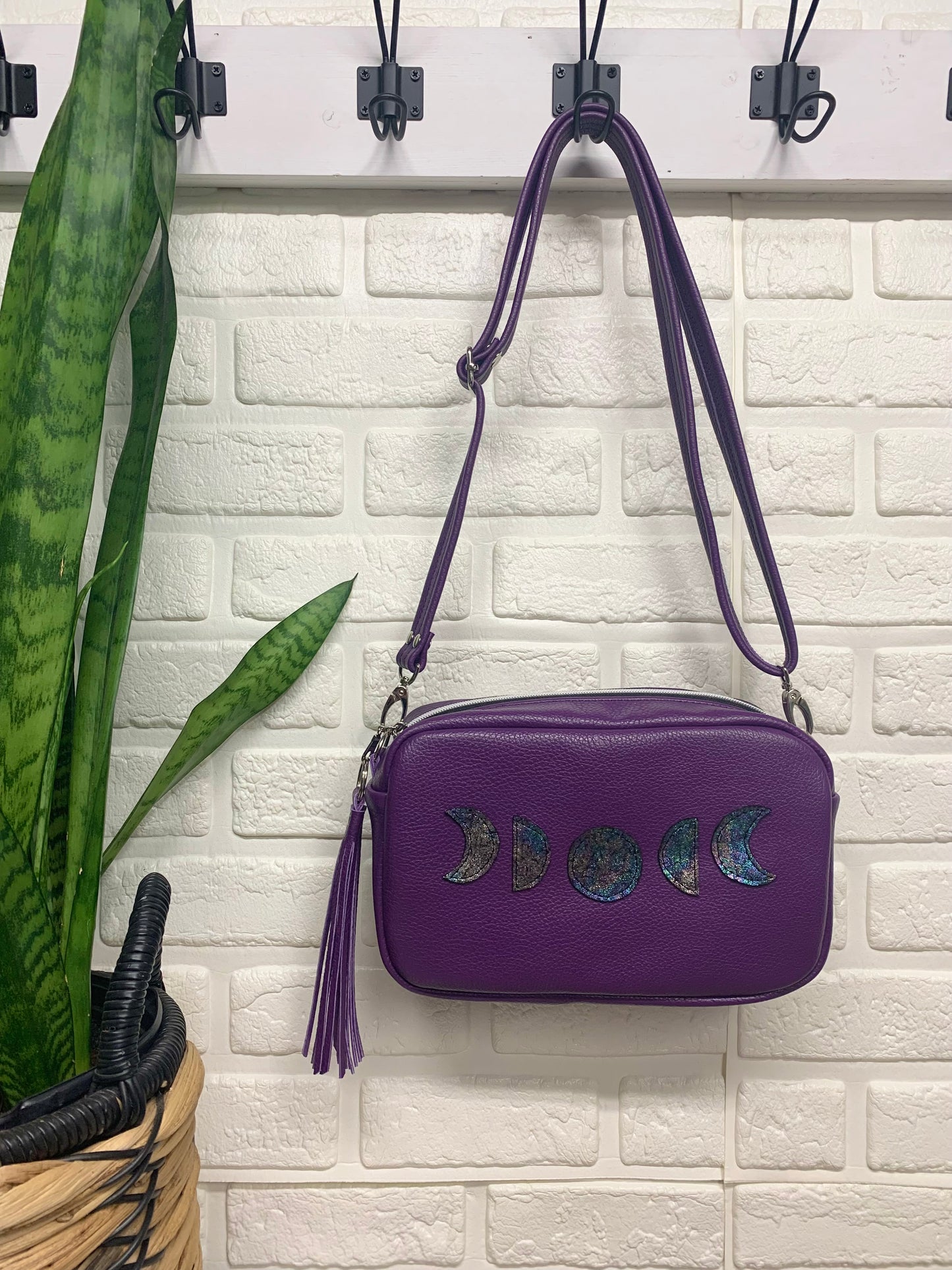 Emerald crossbody bag, Moon Phase, Purple genuine leather, Camera bag