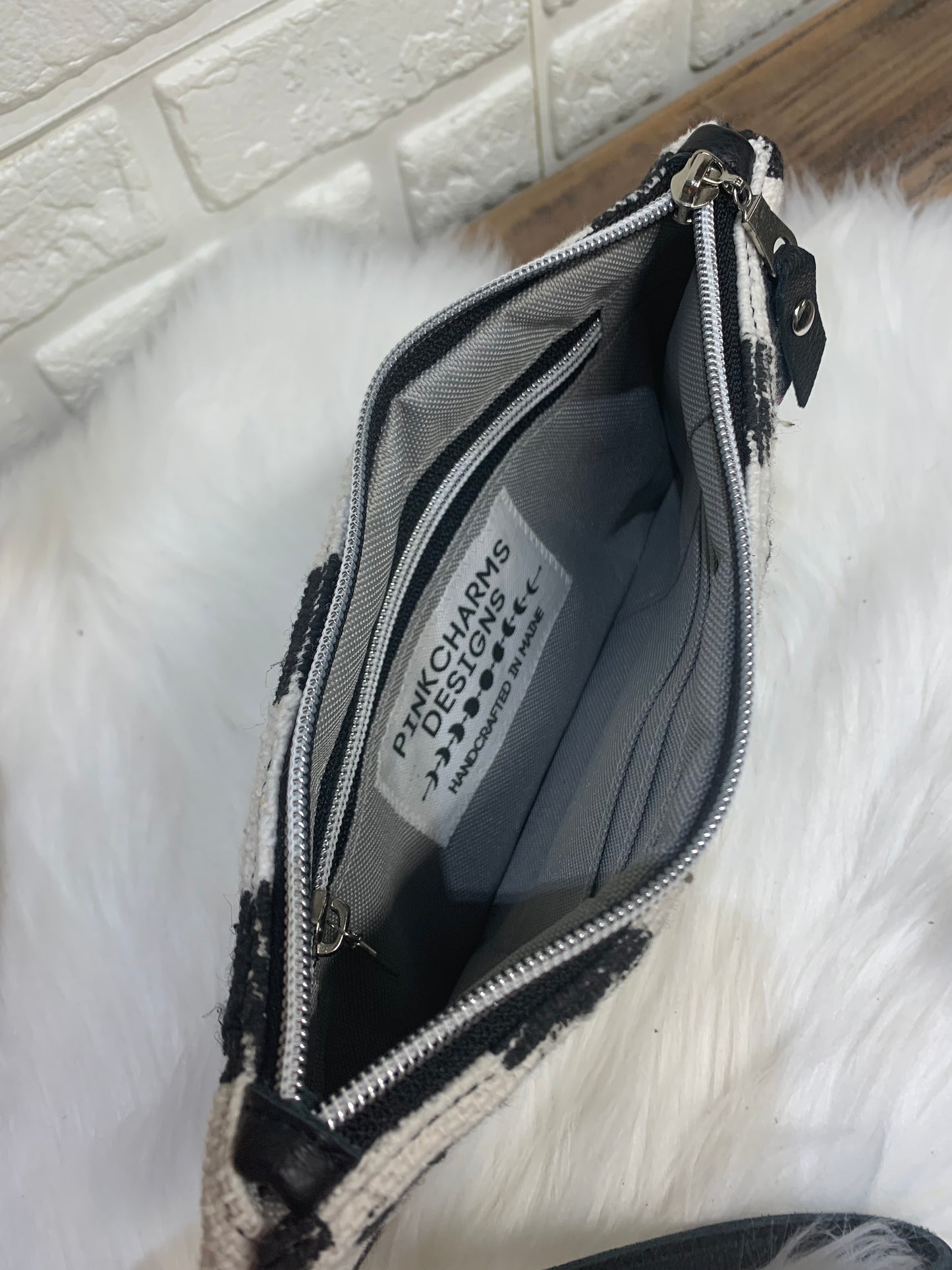 Checker Mud cloth and black Leather clutch wristlet