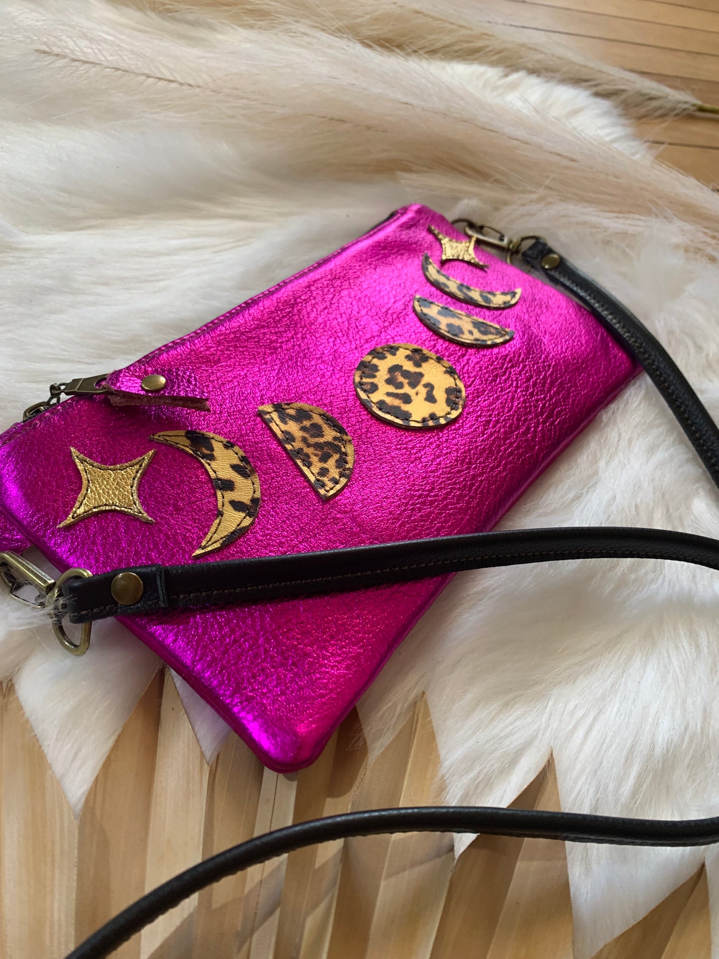 Moon phase metallic pink leather crossbody clutch, leopard leather