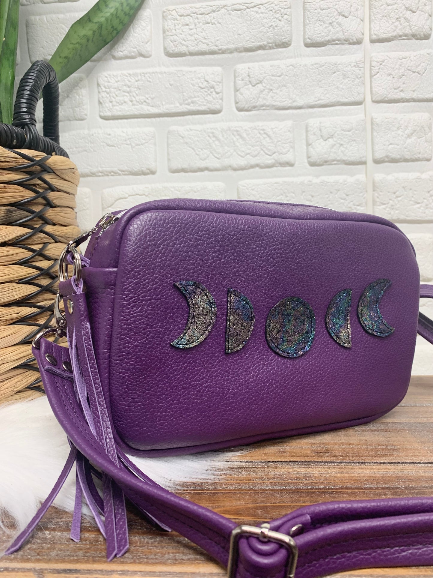 Emerald crossbody bag, Moon Phase, Purple genuine leather, Camera bag