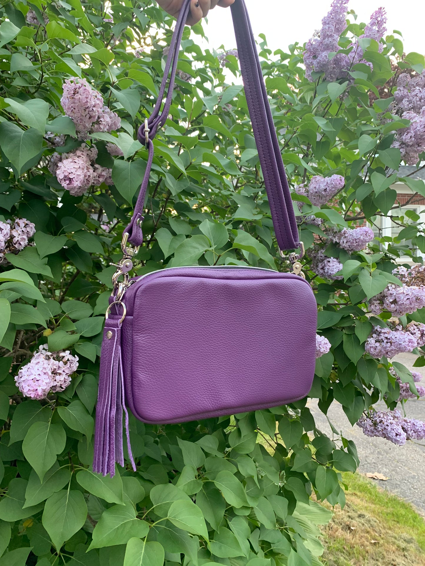 Emerald crossbody bag, Purple Italian pebble grain leather