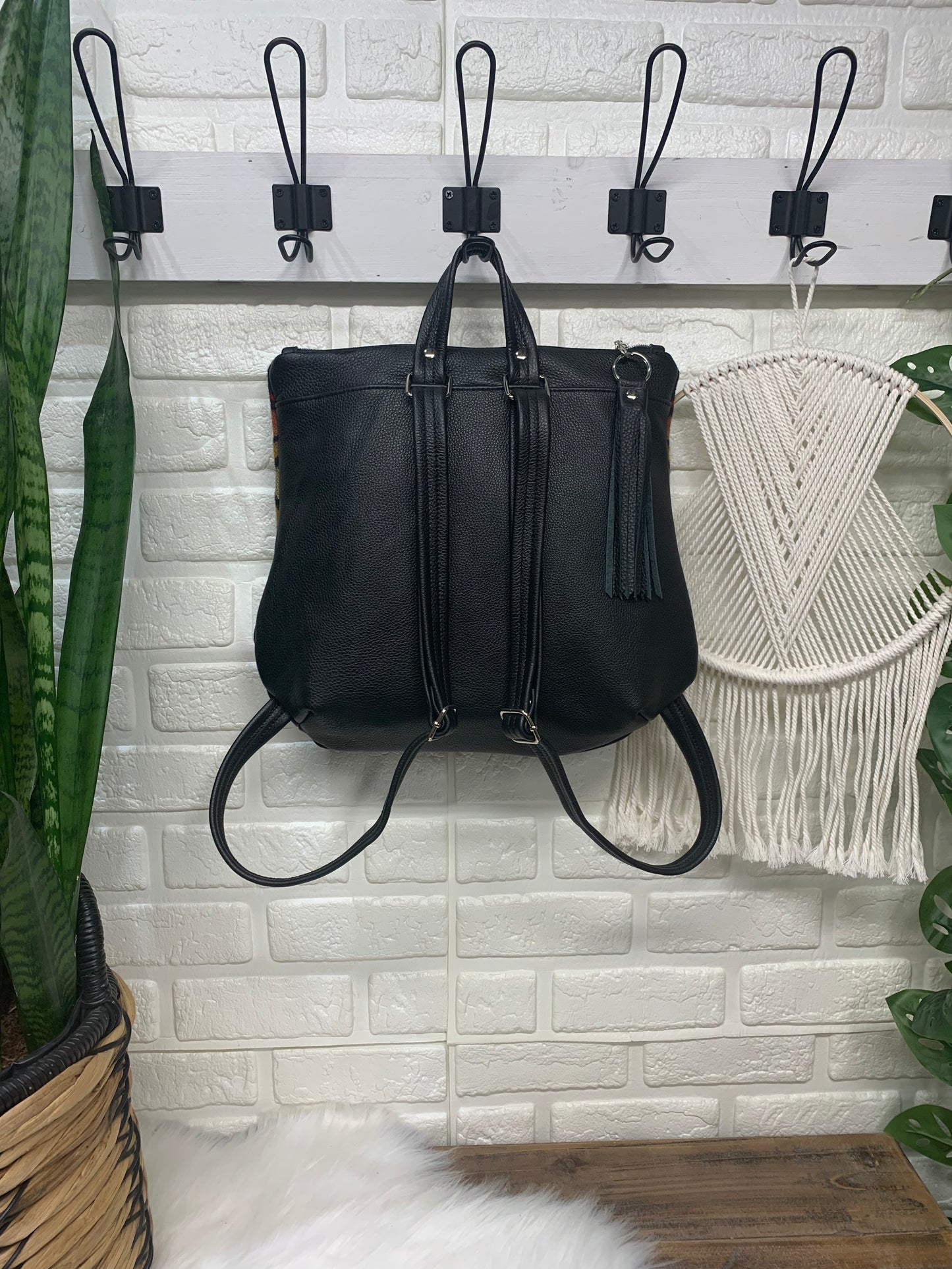 Pearl Backpack wool and black genuine leather, Pueblo Dwelling wool
