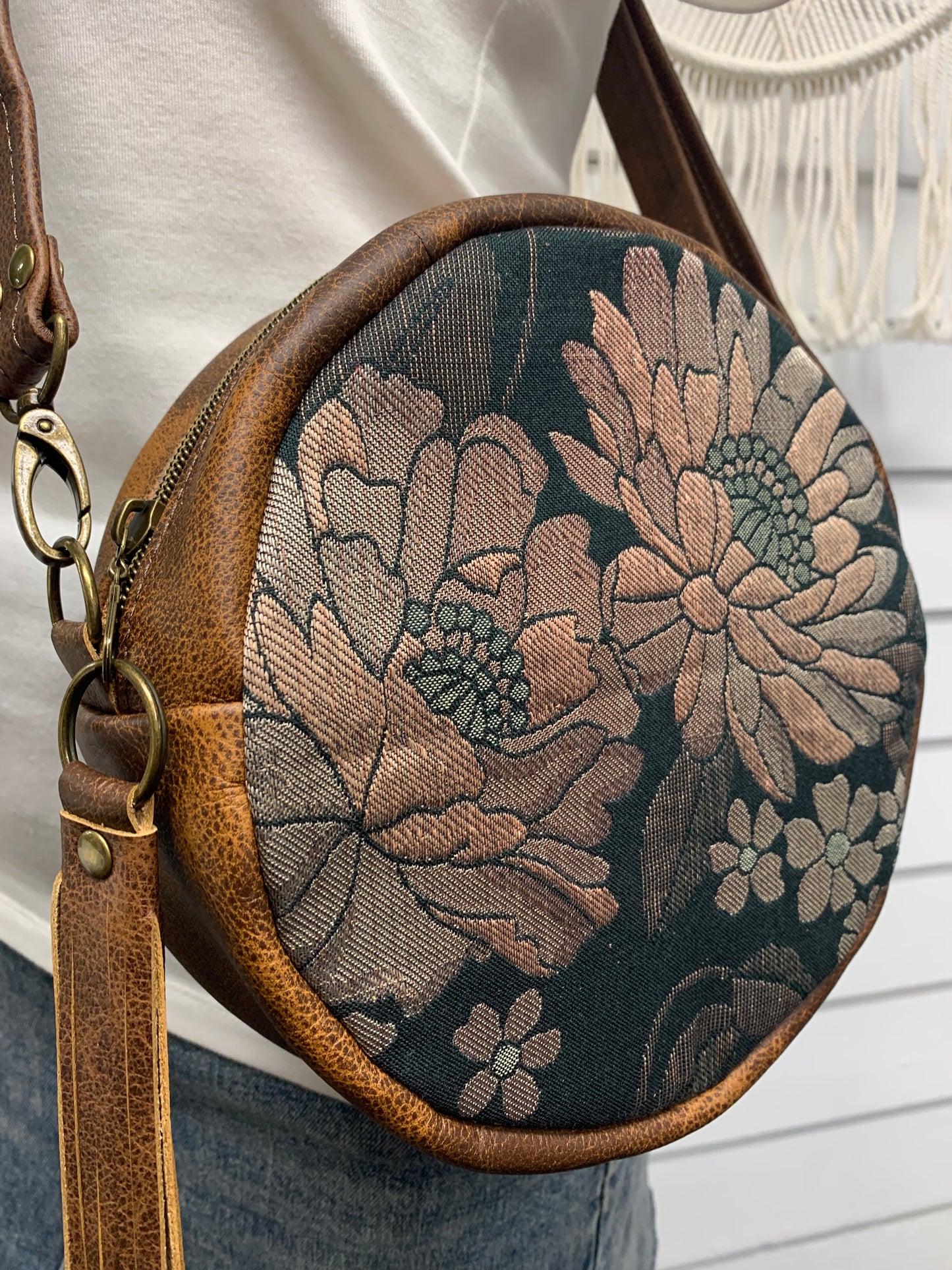 Moonstone crossbody bag, Woven Wings Floral, saddle brown leather