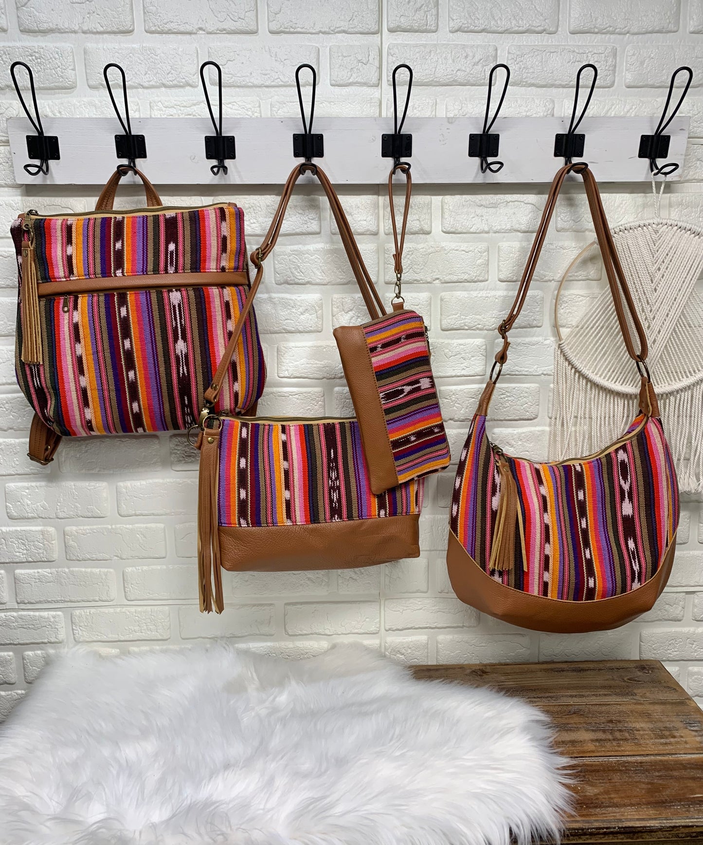Guatemalan woven and cognac Leather clutch wristlet
