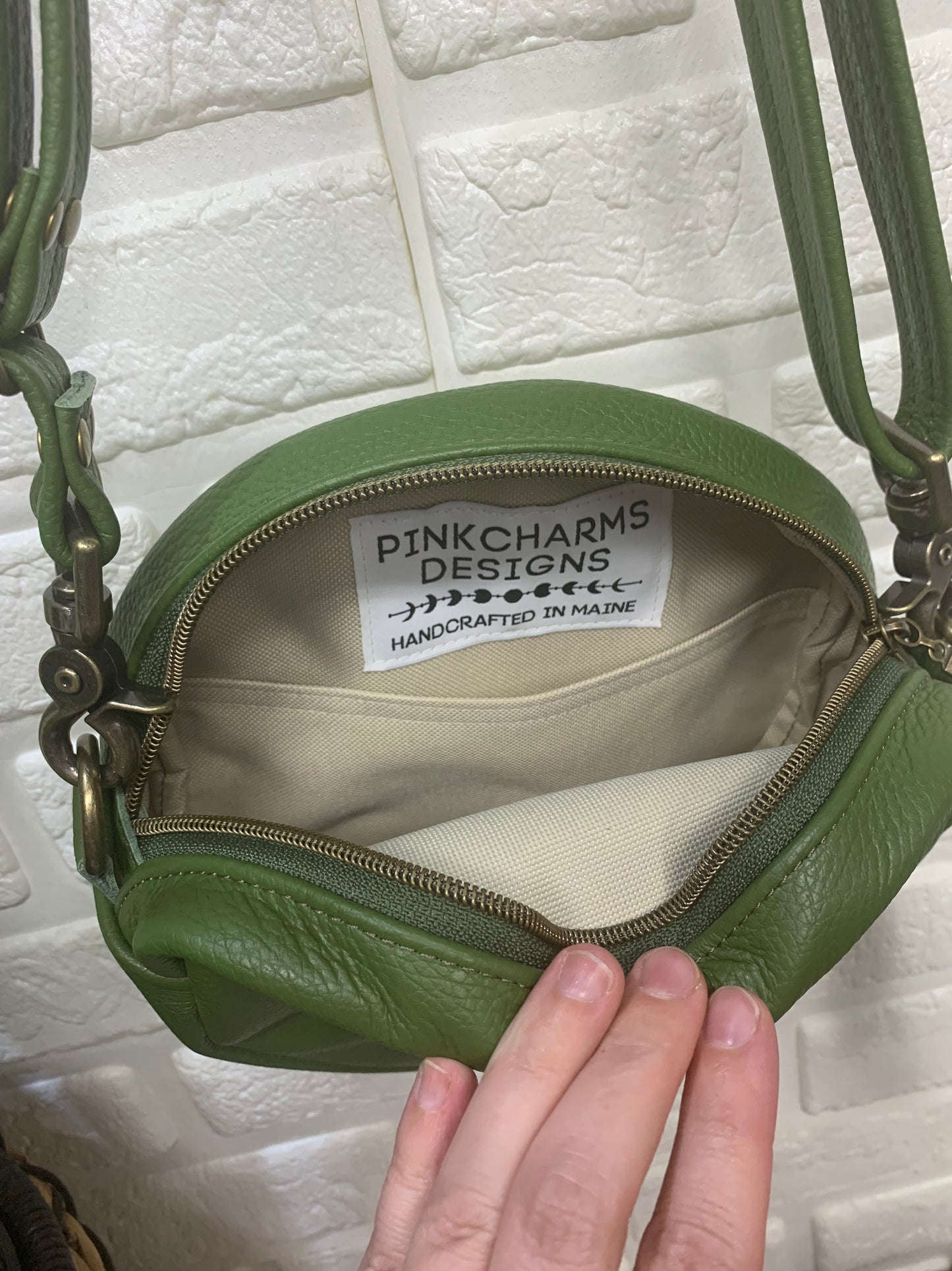 Moonstone crossbody bag, Olive leather, Circle bag