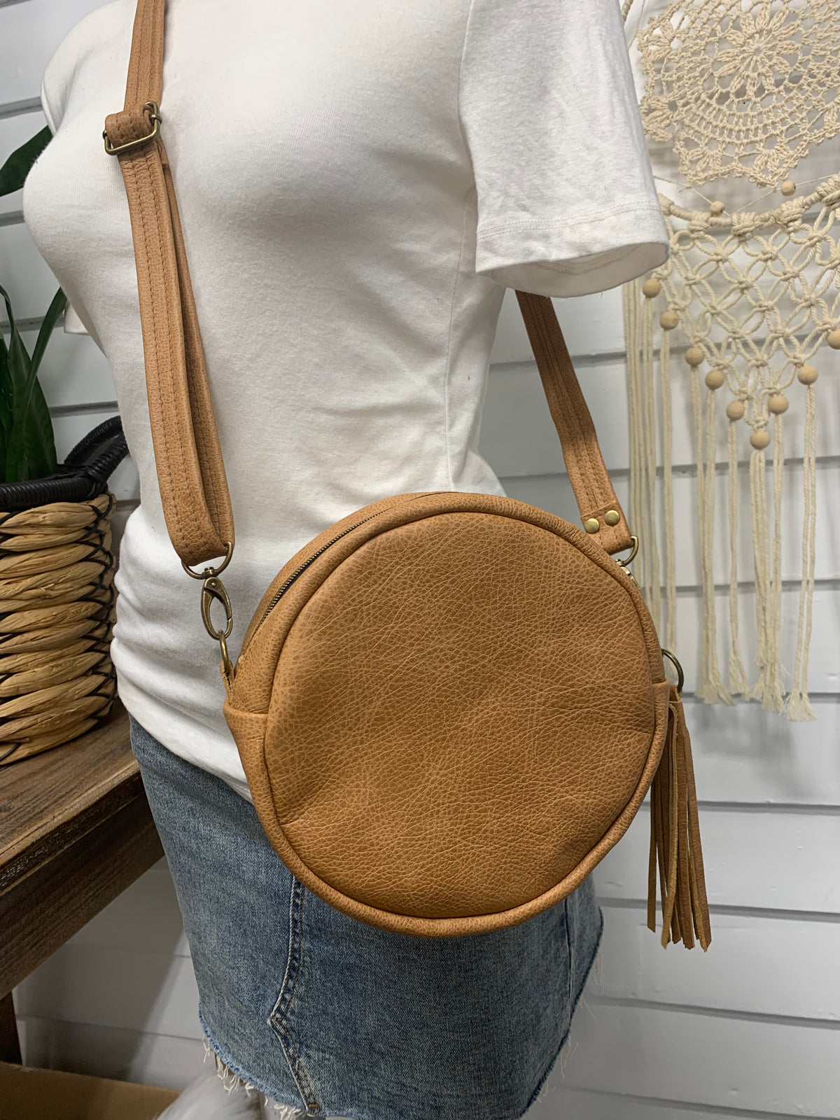 Moonstone crossbody bag, Harding black wool, caramel brown leather, Canteen bag
