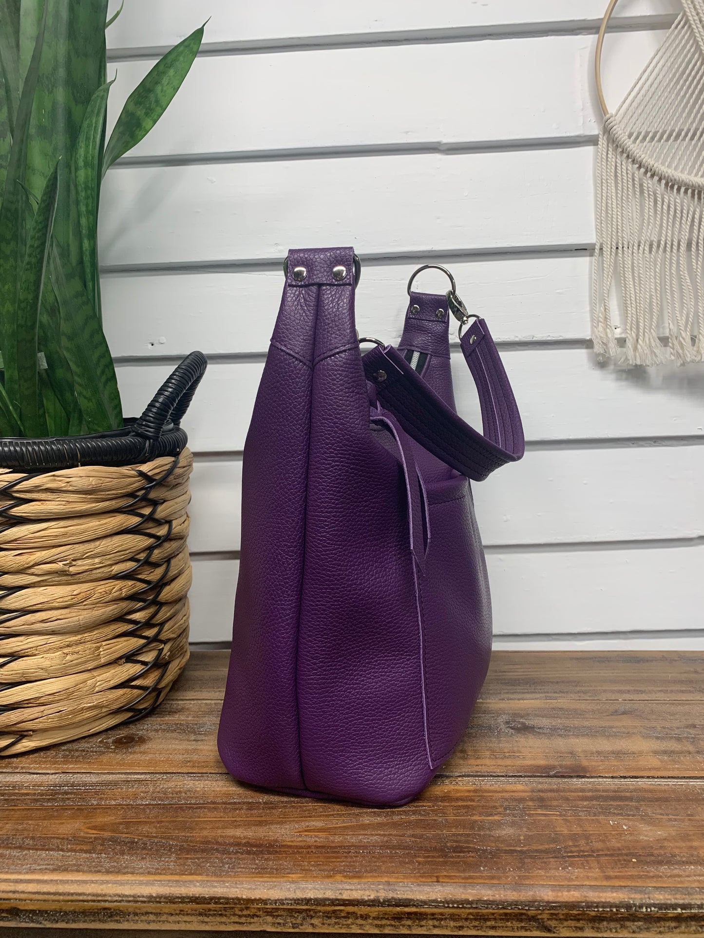 Jasper Bucket bag, Purple Italian pebble grain leather
