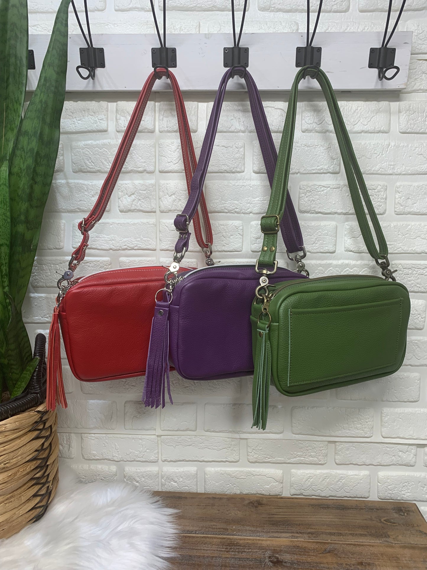 Emerald crossbody bag, Olive green Italian pebble grain leather