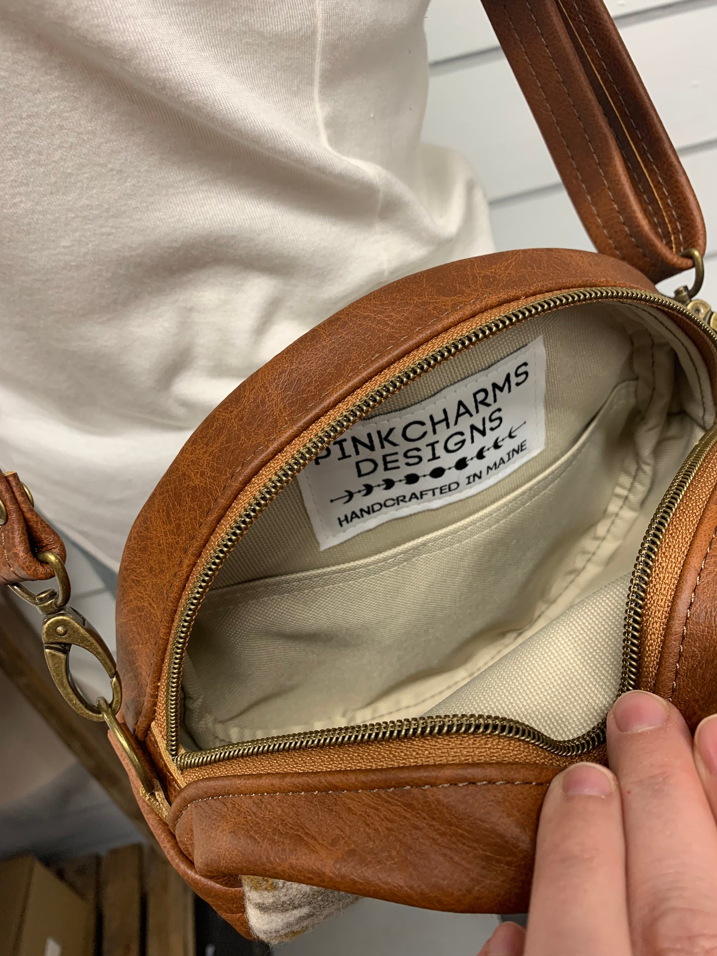Moonstone crossbody bag, Mesilla wool, spice brown leather, Canteen bag