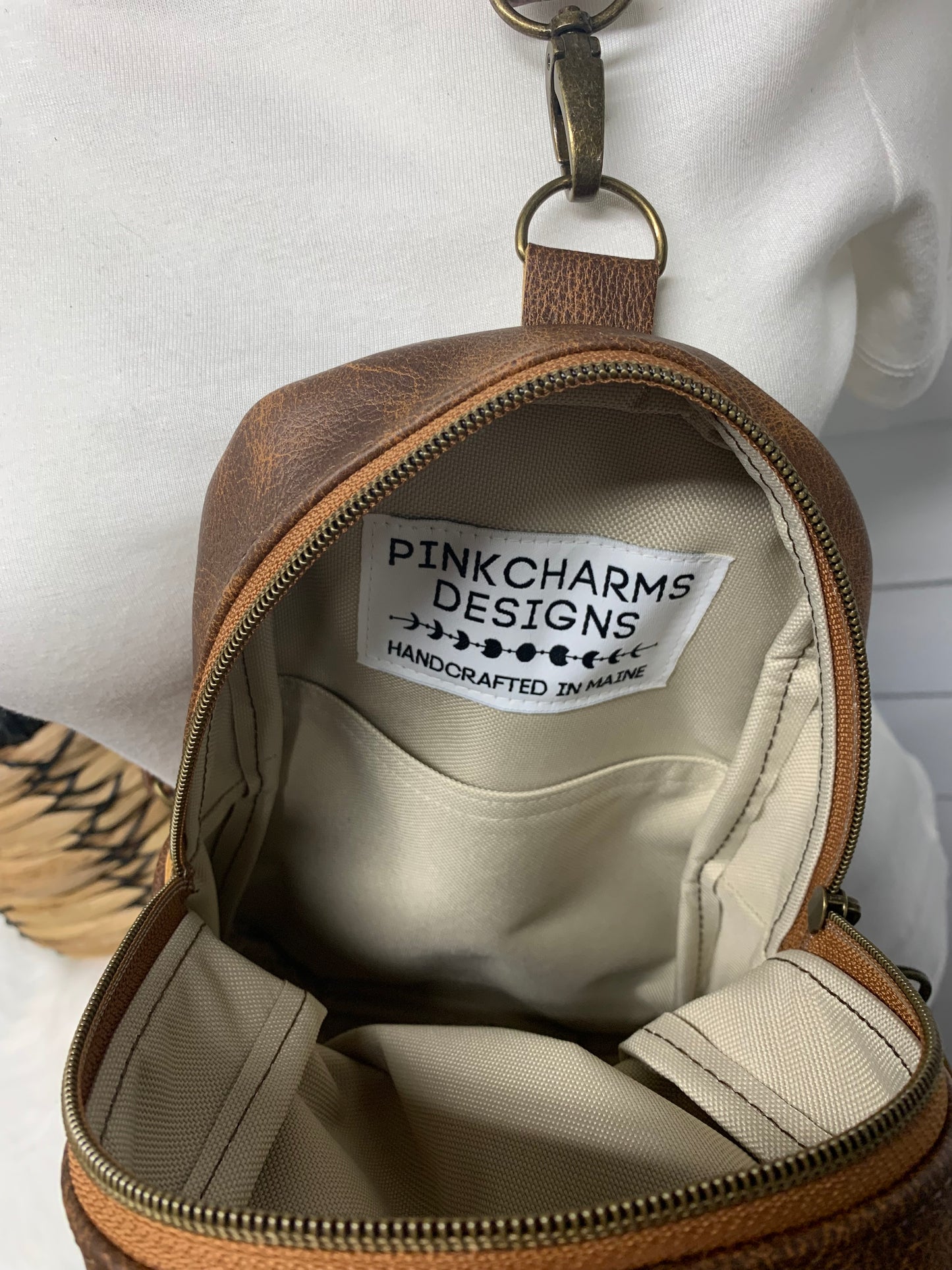 Citrine Sling backpack Pilot Rock wool and Saddle brown leather