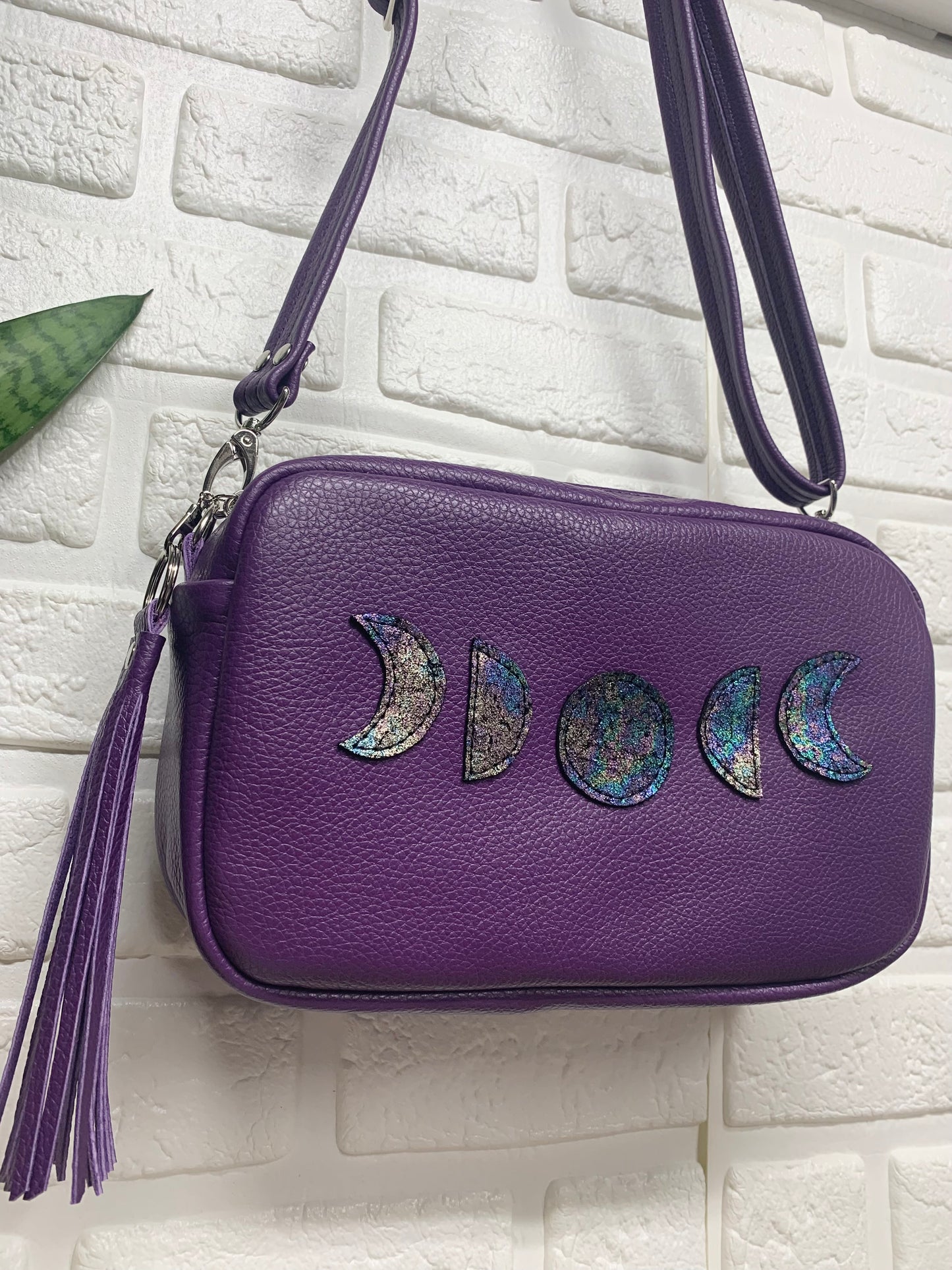 Emerald crossbody bag, Moon Phase, Purple genuine leather, Camera bag