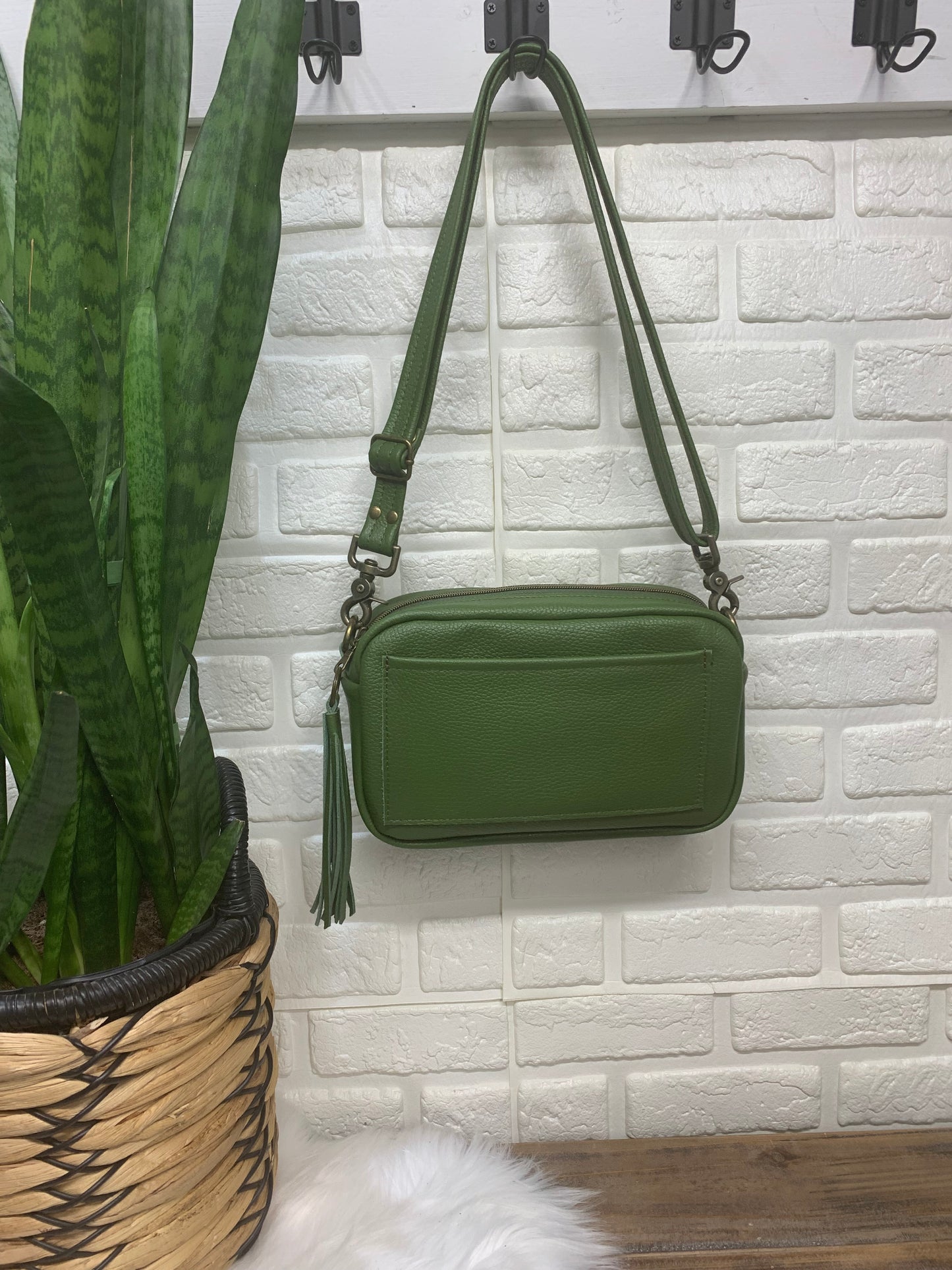 Emerald crossbody bag, Olive green Italian pebble grain leather