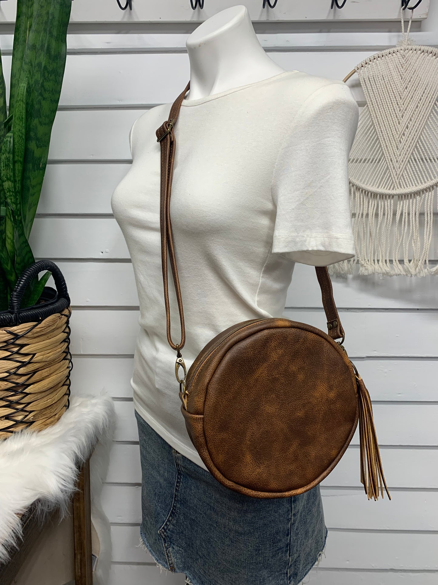 Moonstone crossbody bag, Woven Wings Floral, saddle brown leather