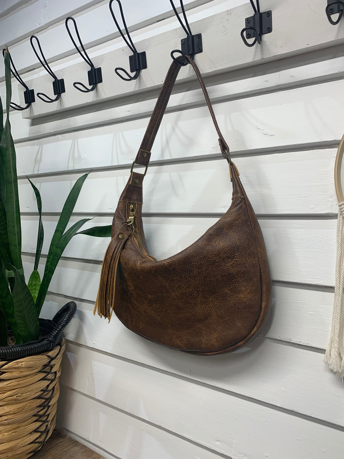 Garnet small hobo bag Saddle brown leather, shoulder strap