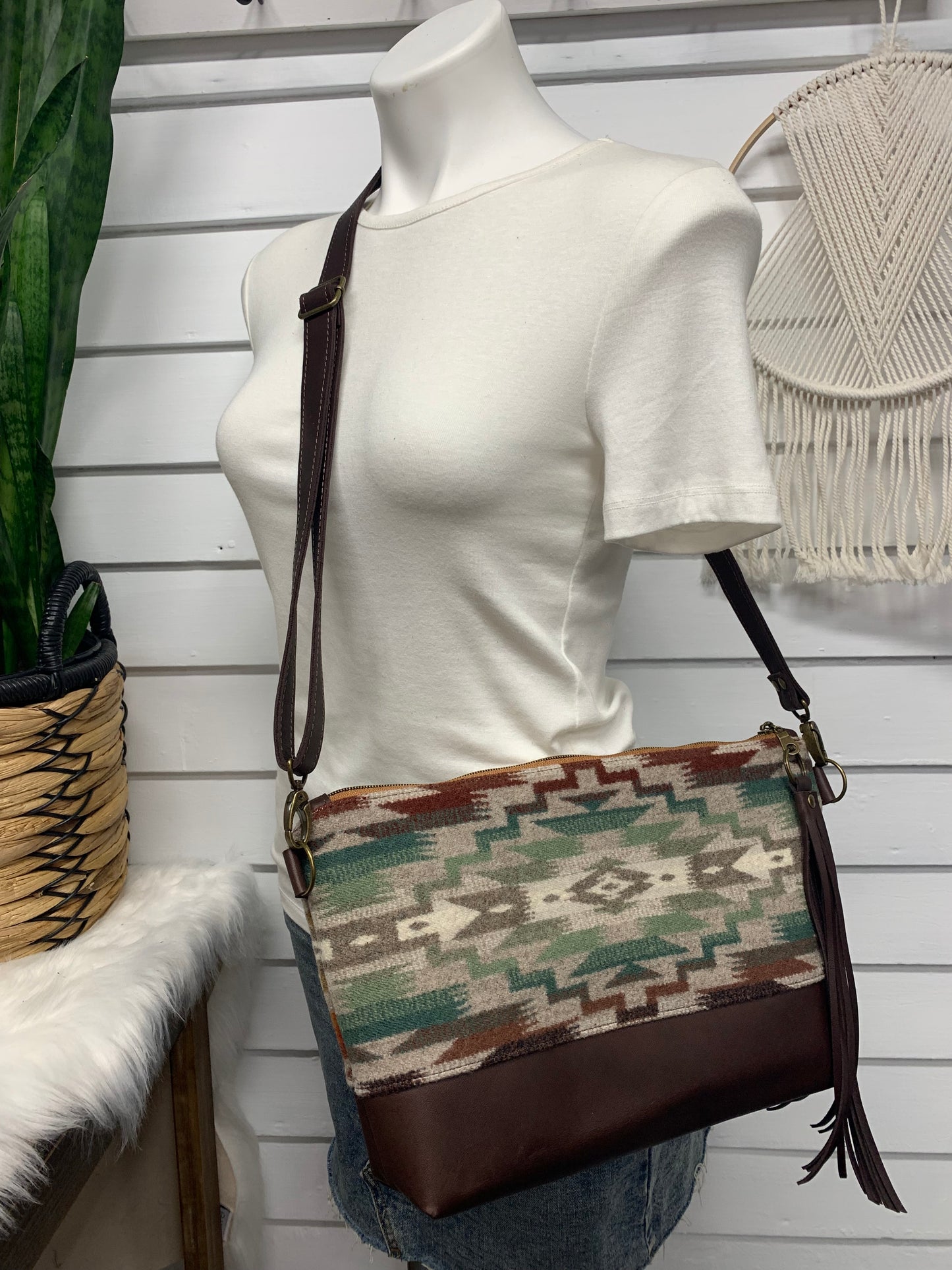 XL Ruby crossbody bag, Mesilla wool, waxed dark brown leather