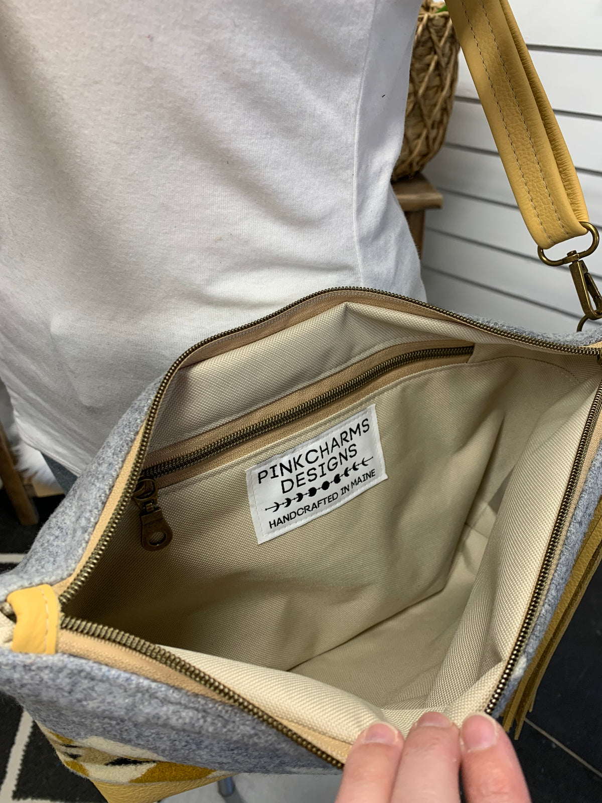 XL Ruby crossbody bag, Rancho Arroyo silver wool, yellow leather