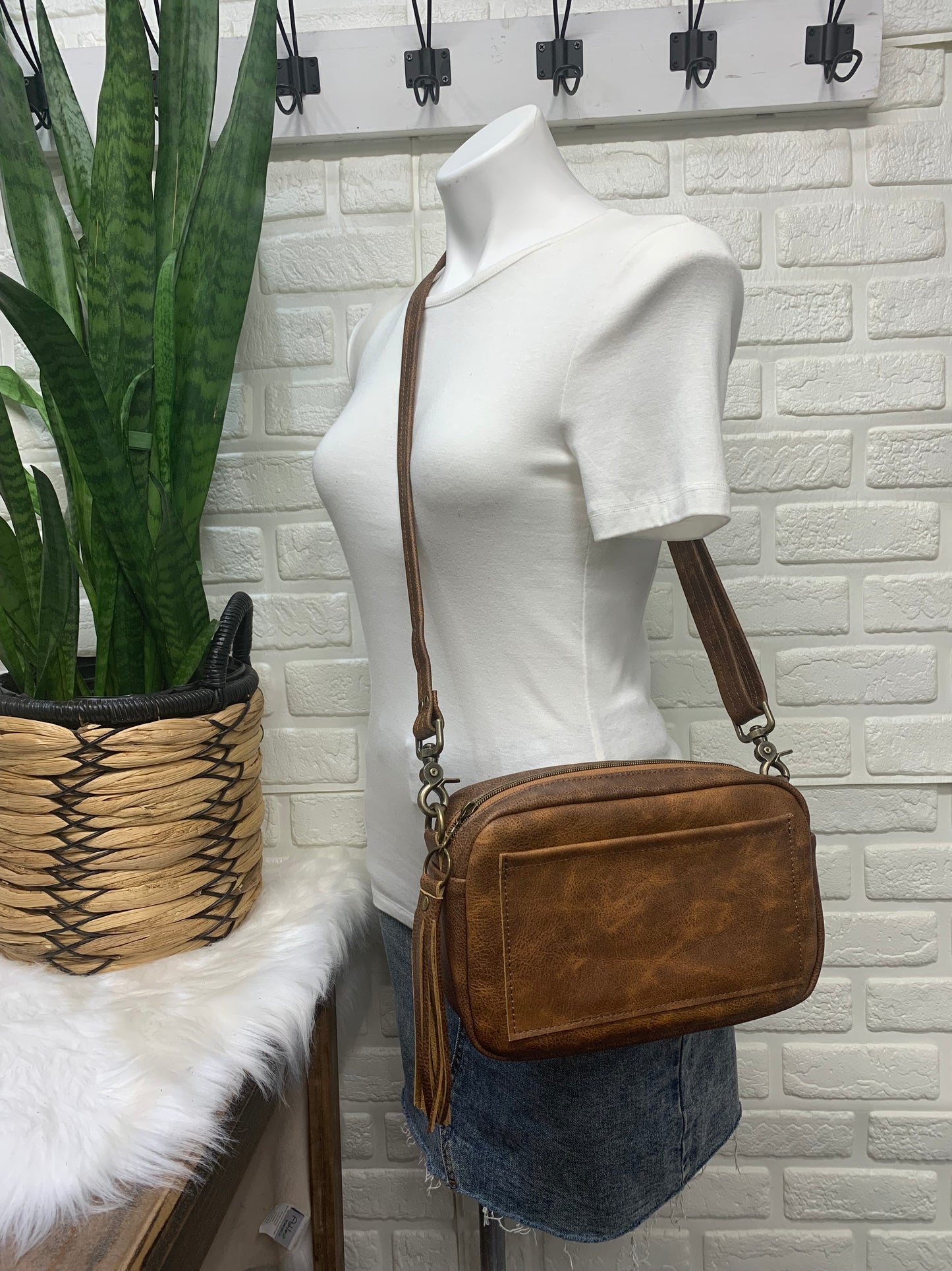 Emerald crossbody bag, Saddle brown pebble grain leather