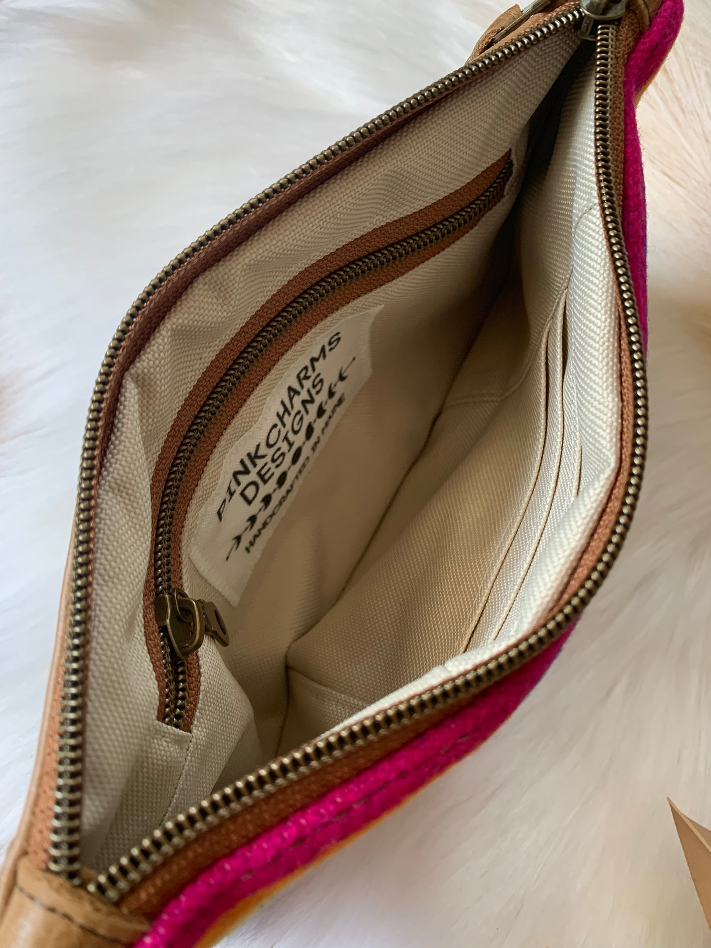 Wool and leather clutch wristlet, San Gabriel wool, caramel leather clutch wallet