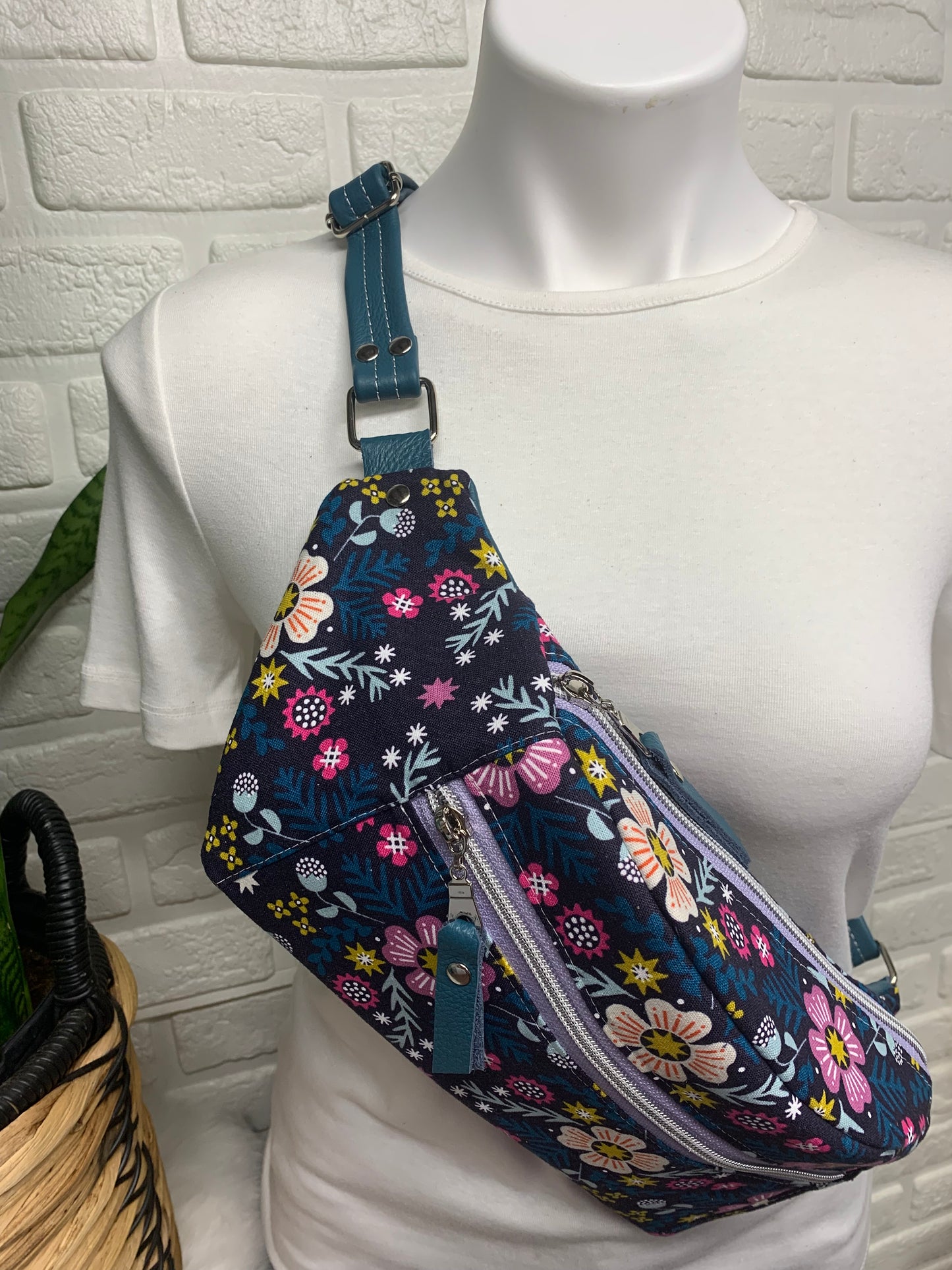 Jade Sling bag Wildflower Navy and Teal leather crossbody